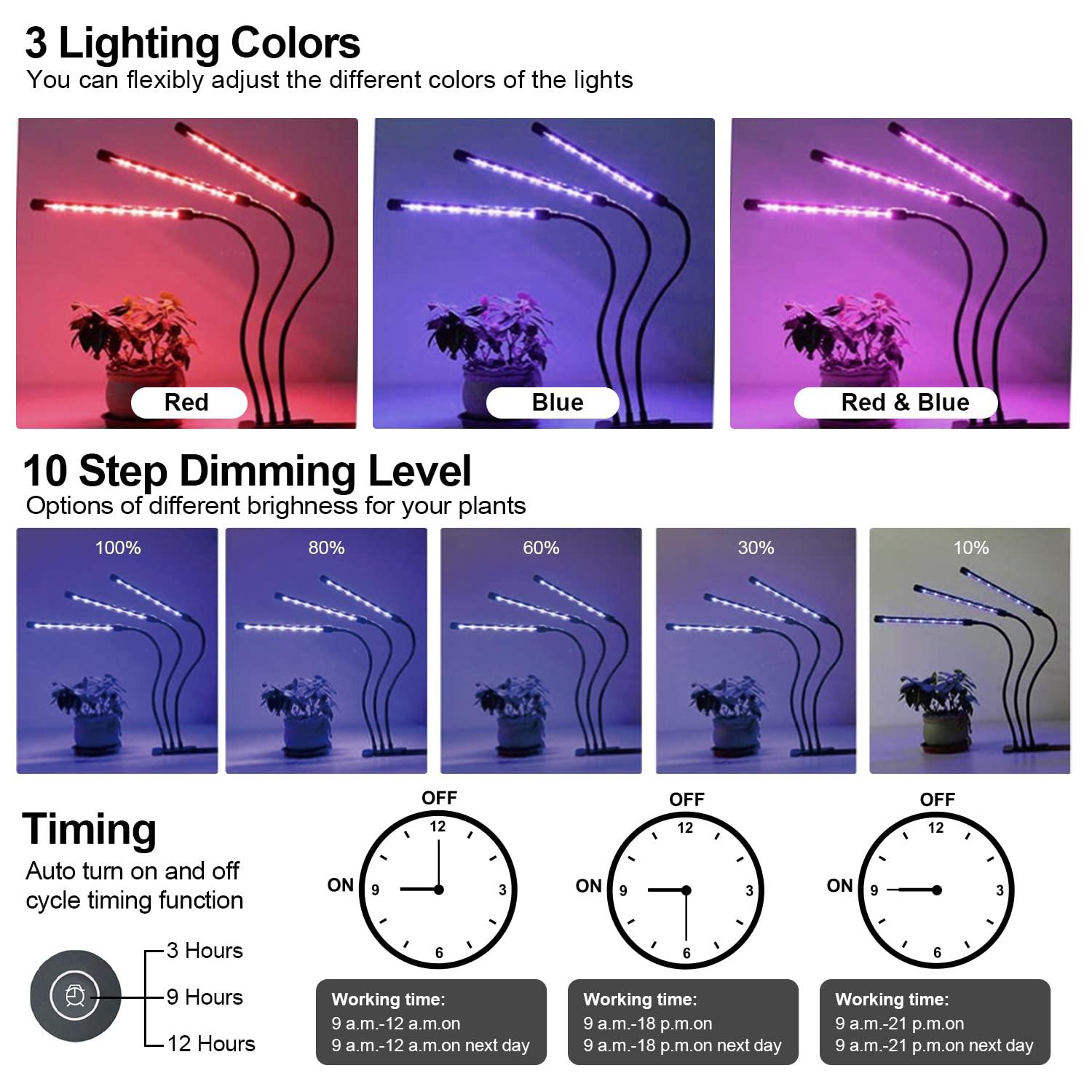 bseah Grow Light Plant Lights for Indoor Plants, Clip-On Full Spectrum Plant Grow Lights, Auto ON & Off Timer 3/9/12H, Dimmable Brightness & 3 Light Modes
