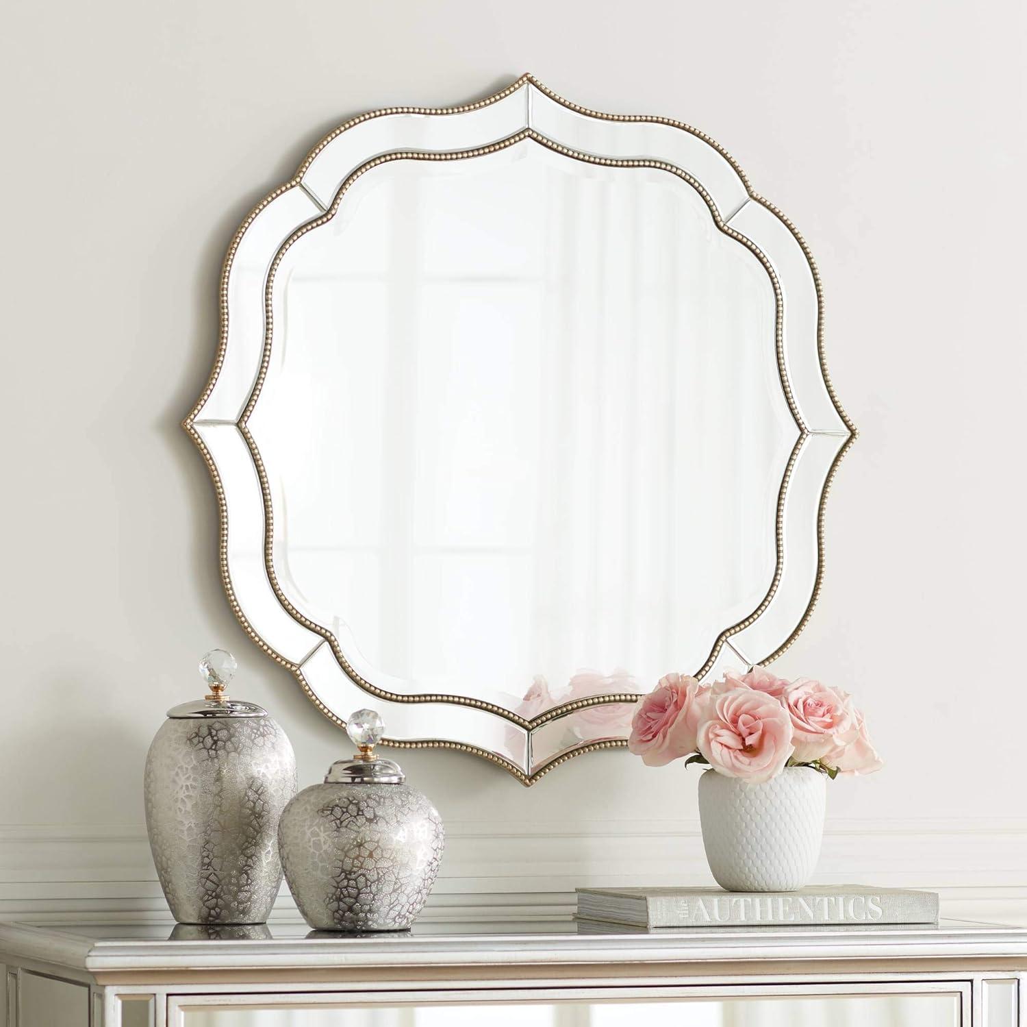 Scalloped Edge 37" Round Wall Mirror with Beaded Champagne Gold Frame