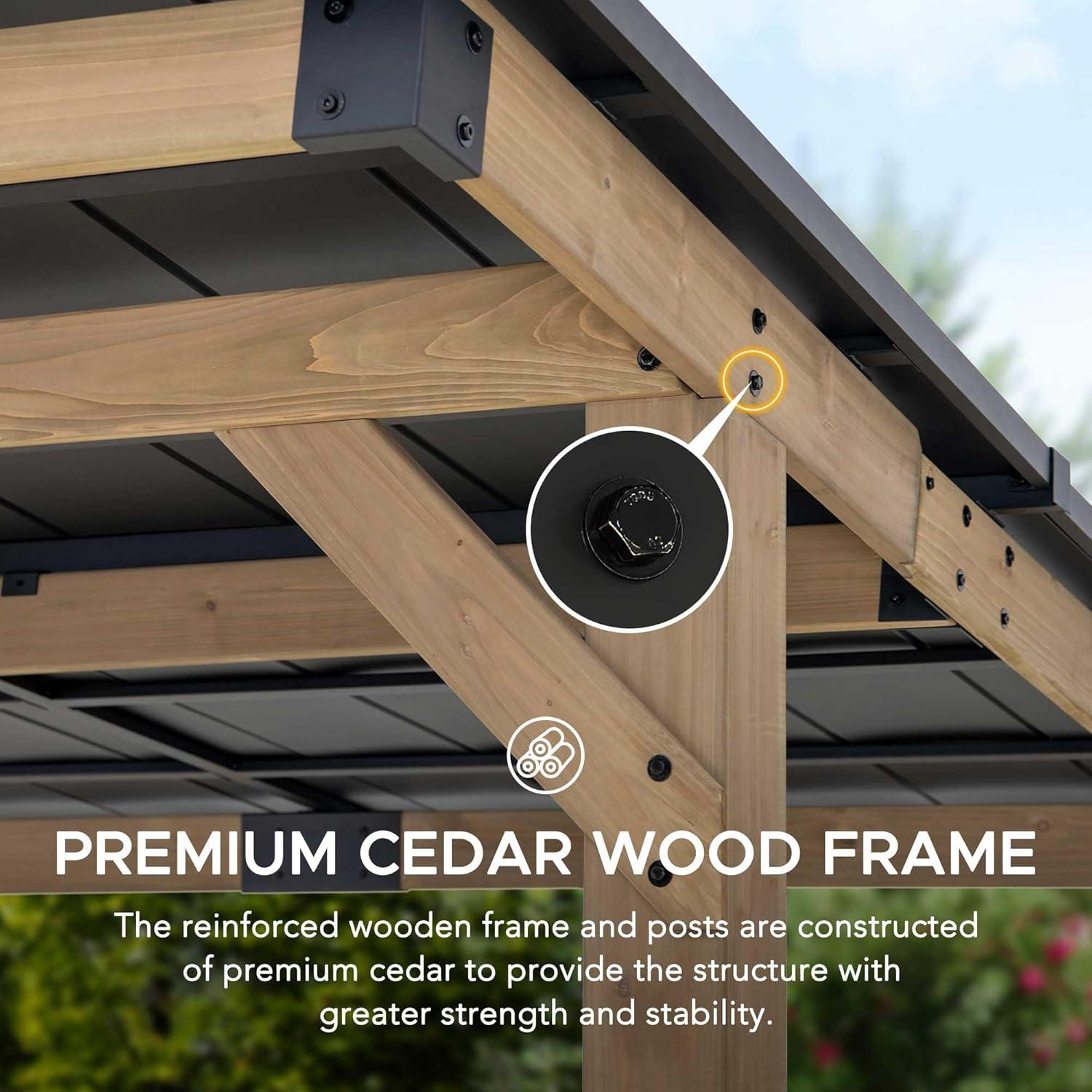 Sunjoy Wooden Grill Gazebo 10 ft. x 12 ft. Outdoor Cedar Frame BBQ Gazebo, Backyard Hot Tub Gazebo with Metal Hardtop Roof, Exclusive PowerPort and Bar Shelves