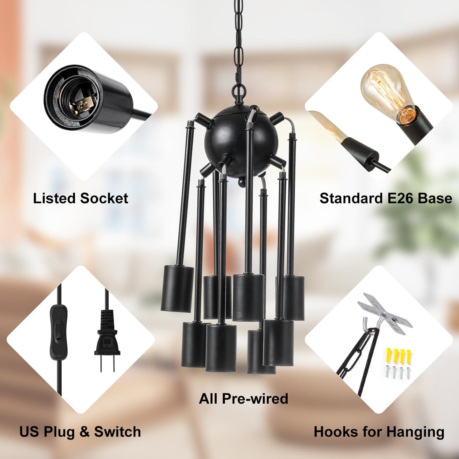 SineRise Sputnik Chandeliers Black, 8 Lights Modern Sputnik Lighting Fixture with Adjustable Height for Dining Room, Living Room, Kitchen, Bedroom and Hallway