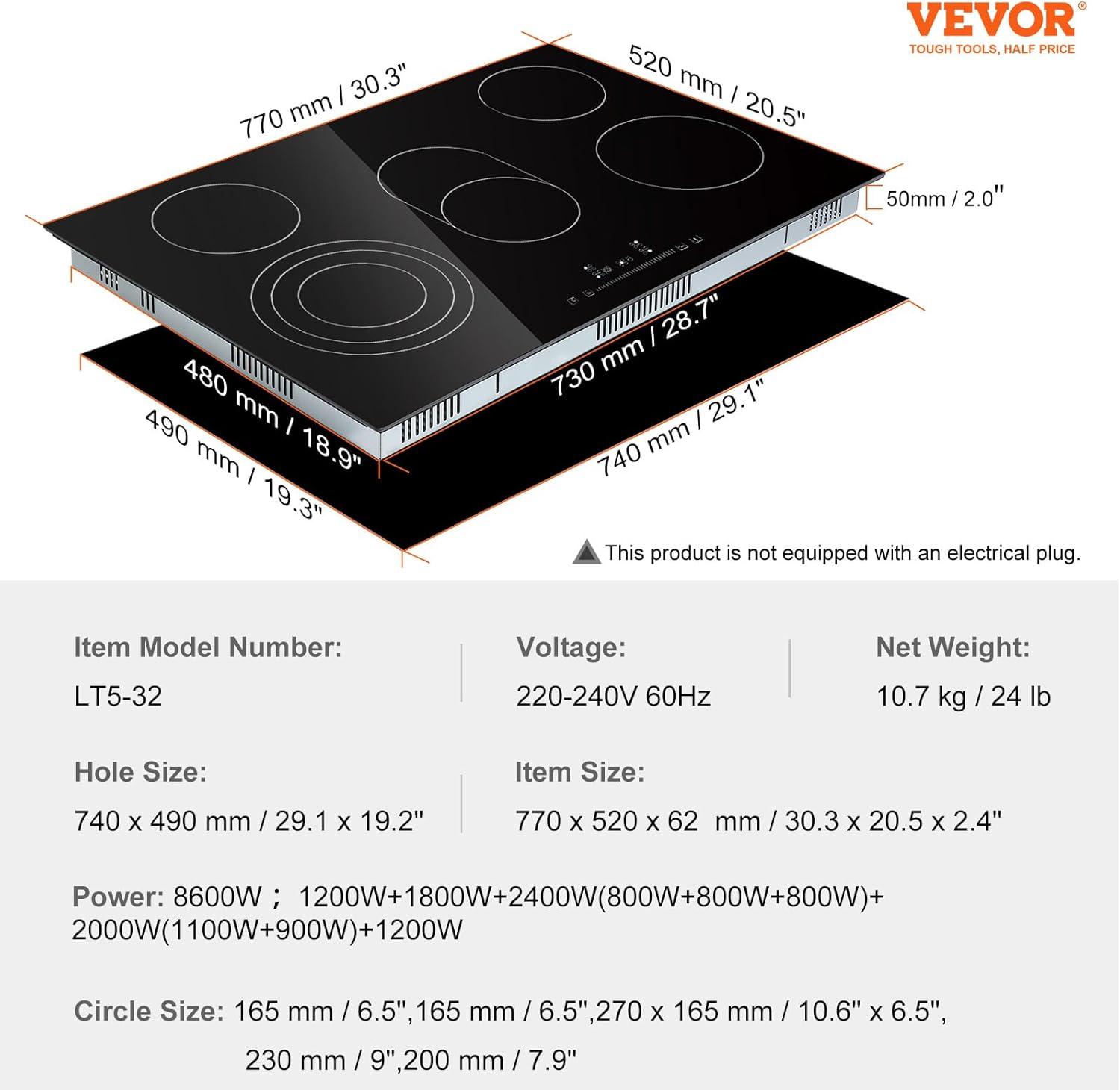 VEVOR 30" Black Electric 5 Burner Cooktop with Dual Size Power Burner