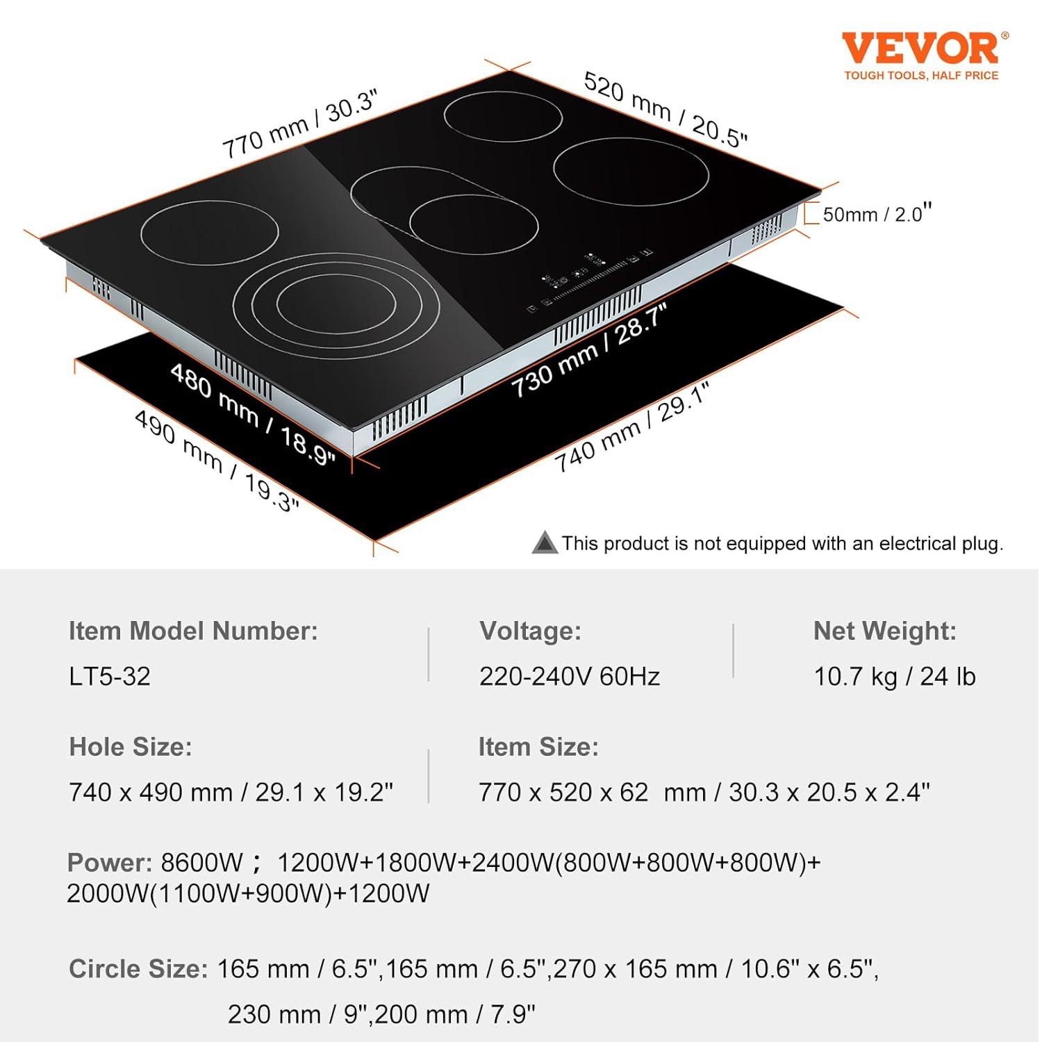 VEVOR 30" Black Electric 5 Burner Cooktop with Dual Size Power Burner