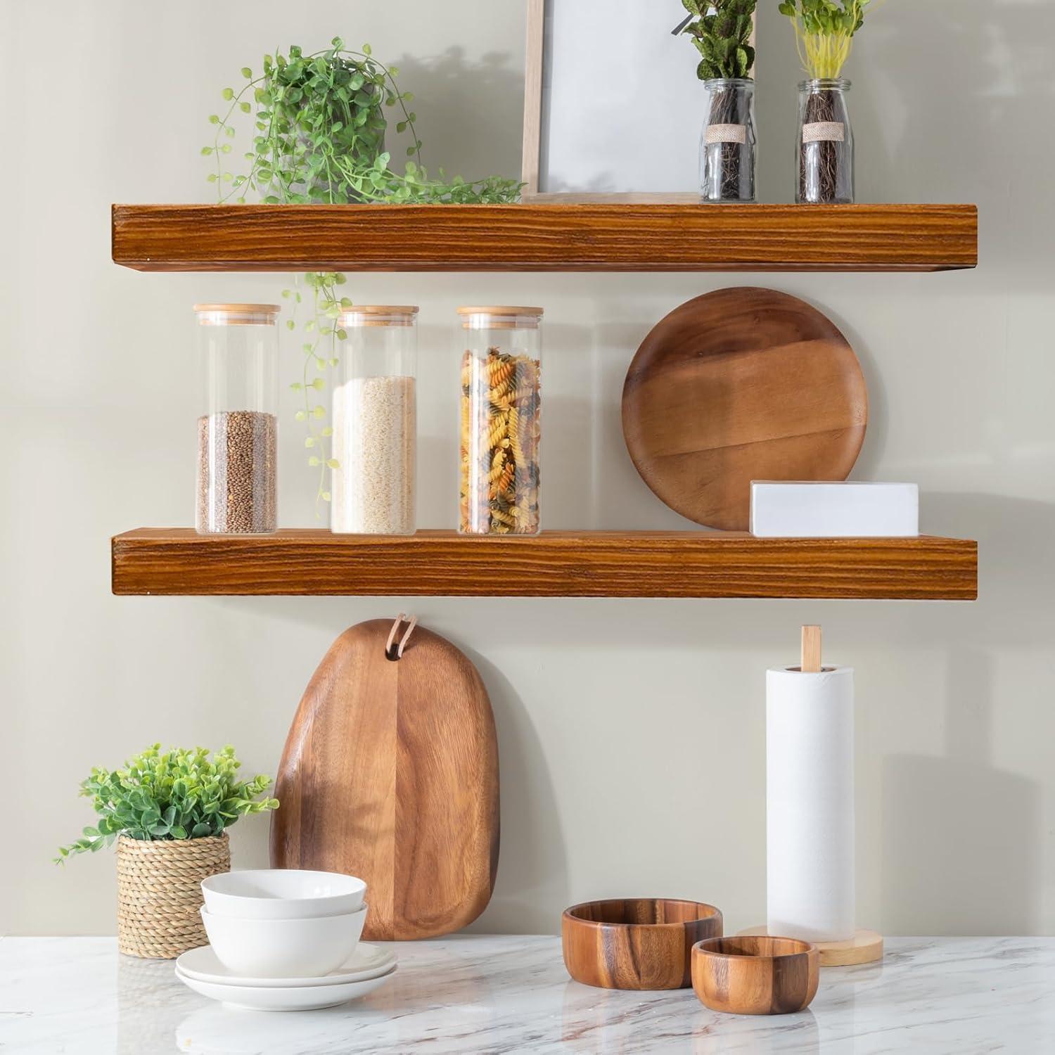 WELLAND Bradley Handmade Wood Floating Shelves Rustic Wall-Mounted Shelves, Set of 2, Walnut Finish