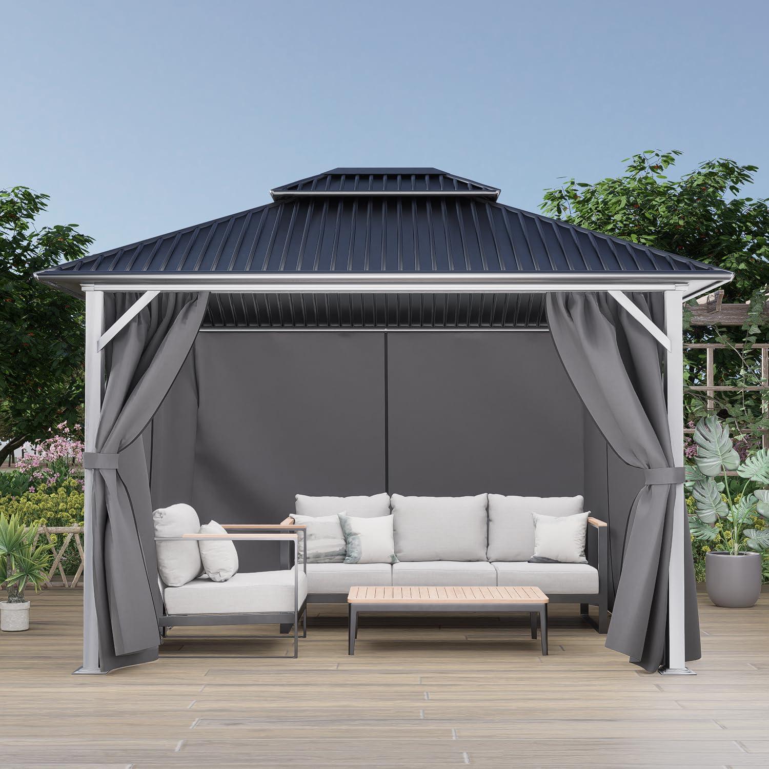 Aoodor Gazebo Curtain Replacement - Universal 4-Panel Sidewalls 10' x 13', Patio Privacy Curtains with Double Zipper, UV Resistant, Perfect for Outdoor Canopy, Garden, and Backyard (Curtain Only) Grey