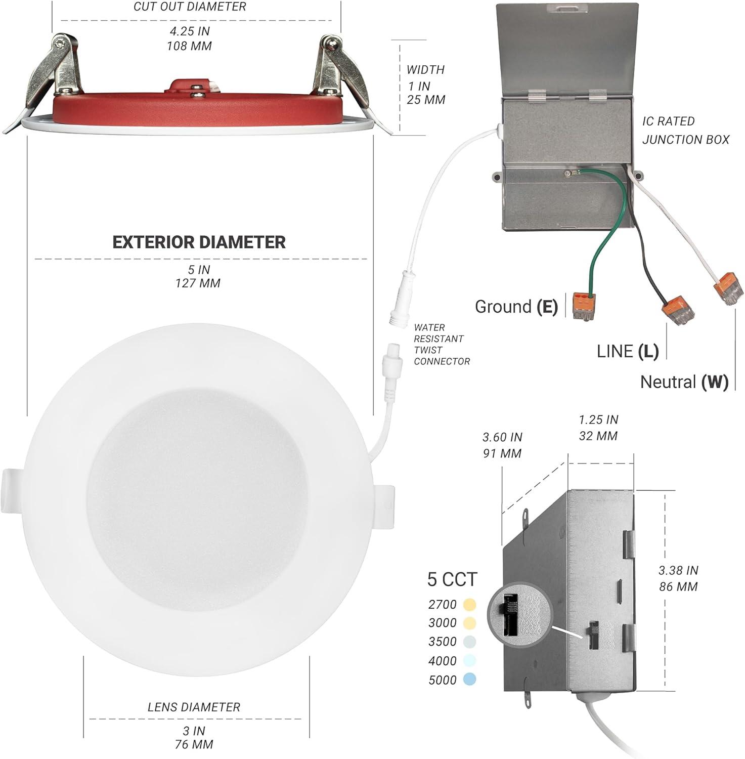 4 in. 2 HOUR Fire Rated Slim Canless LED Recessed Light 12W 5CCT 27K-50K Dimmable IC Rated 6PK