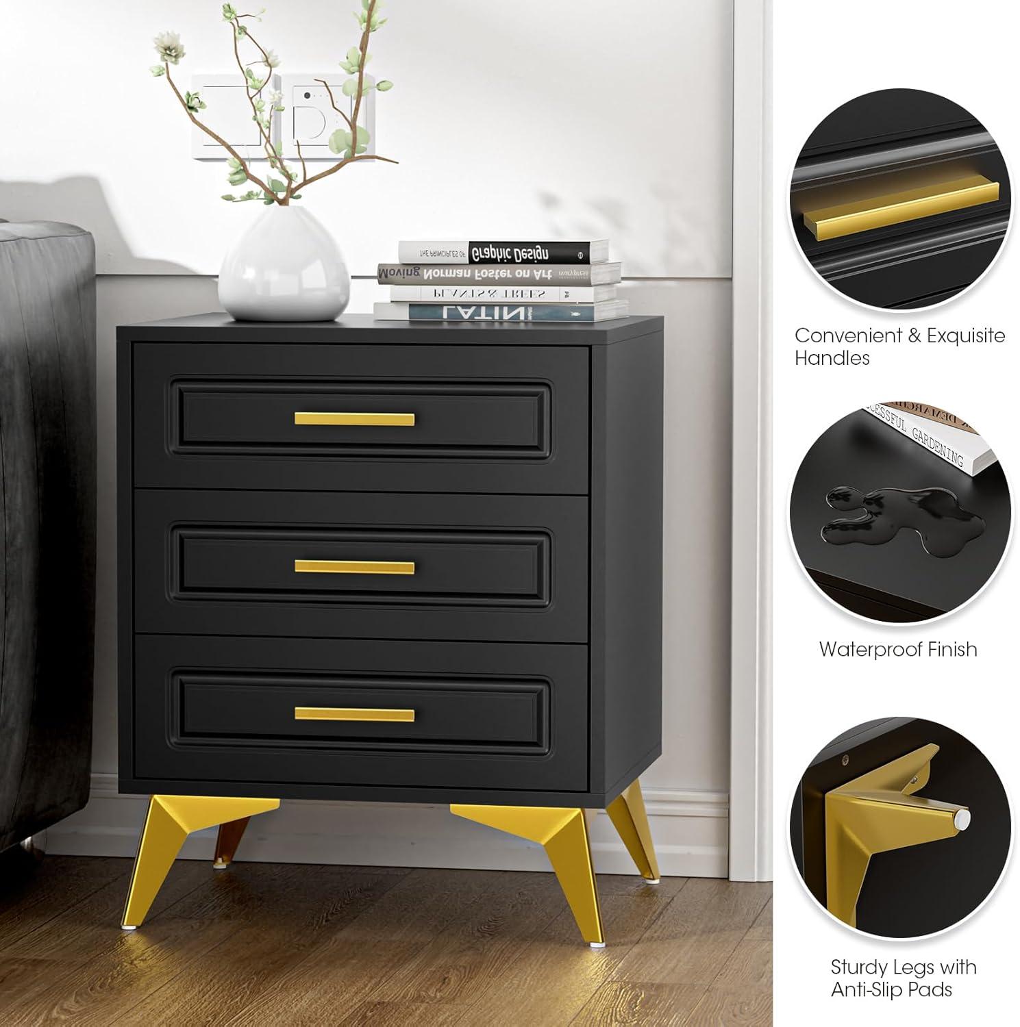 Black and Gold 3-Drawer Modern Nightstand with Metal Legs