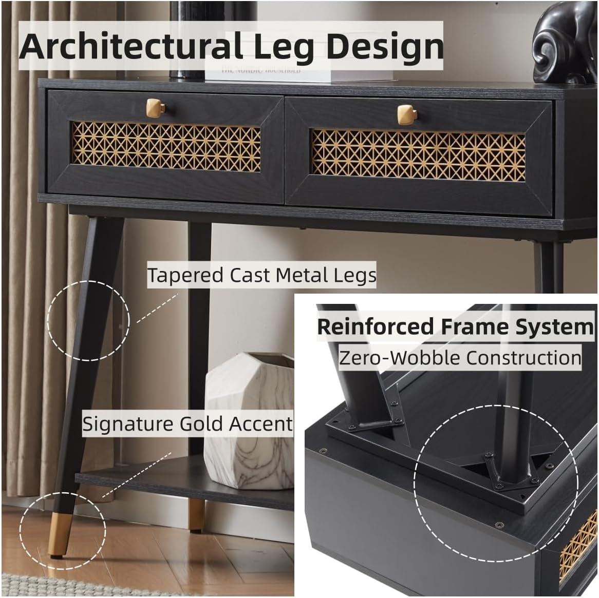 JYED Mid Century Modern Console Table with Gold Accent - 66" Entryway Table with Drawers, Faceted Taper Legs & Ventilated Storage for Hallway (Black)