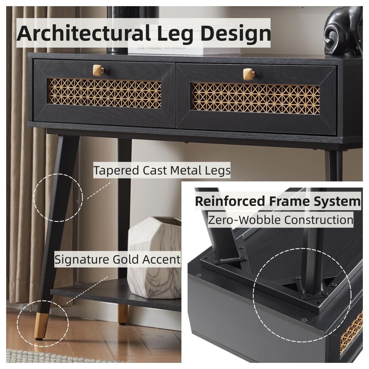 JYED Mid Century Modern Console Table with Gold Accent - 66" Entryway Table with Drawers, Faceted Taper Legs & Ventilated Storage for Hallway (Black)