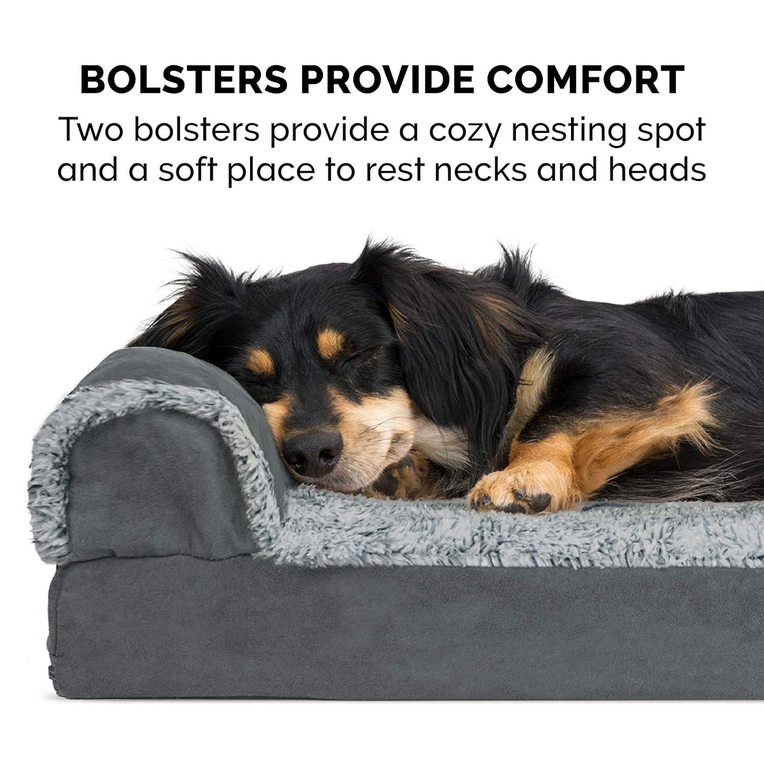 FurHaven Two-Tone Faux Fur & Suede Deluxe Chaise Lounge Orthopedic Sofa Dog Bed - Jumbo, Stone Gray