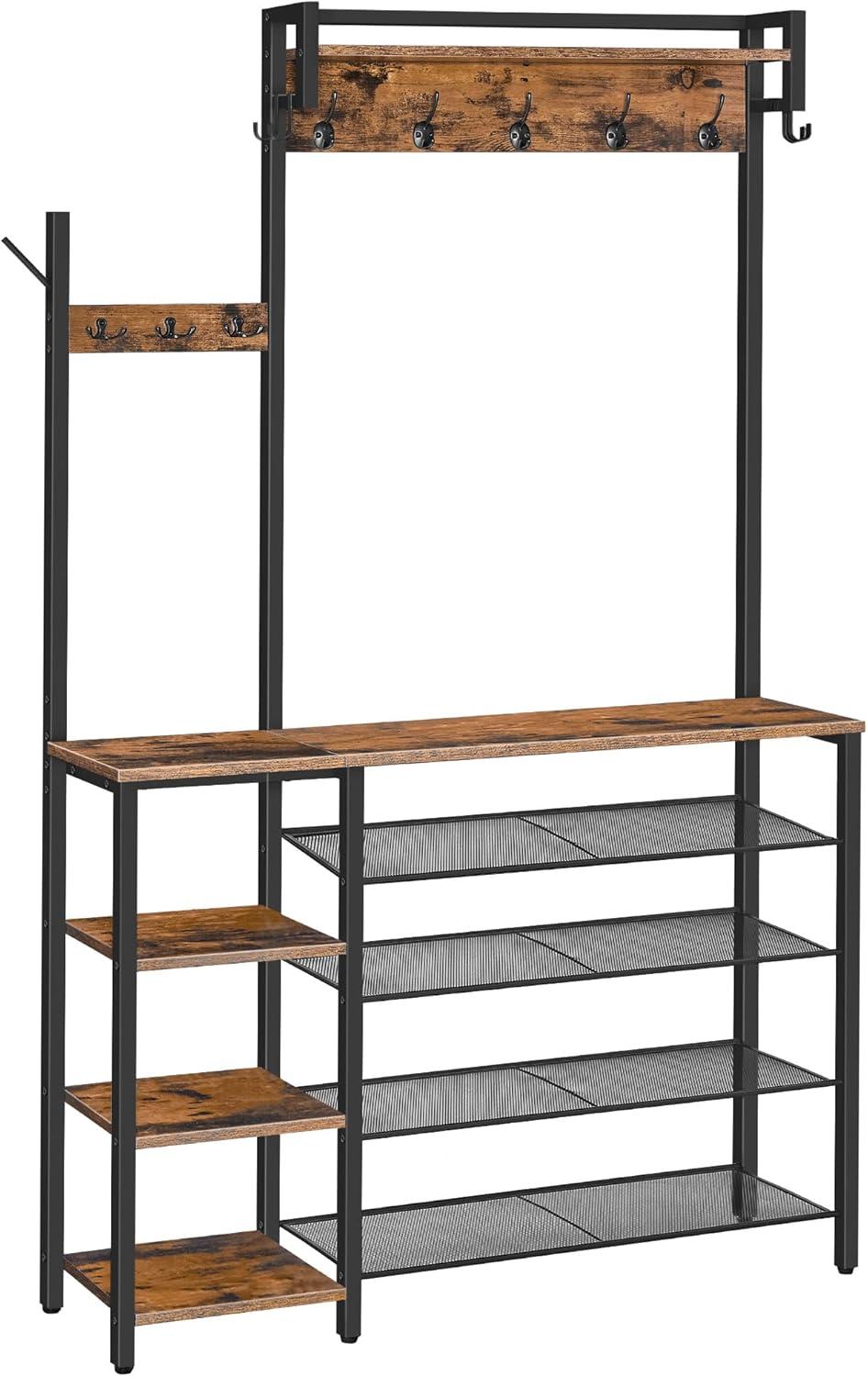 HOOBRO Rustic Brown Hall Tree with Bench, Coat Rack and Shoe Storage, Reversible Shelves - BF105MT01