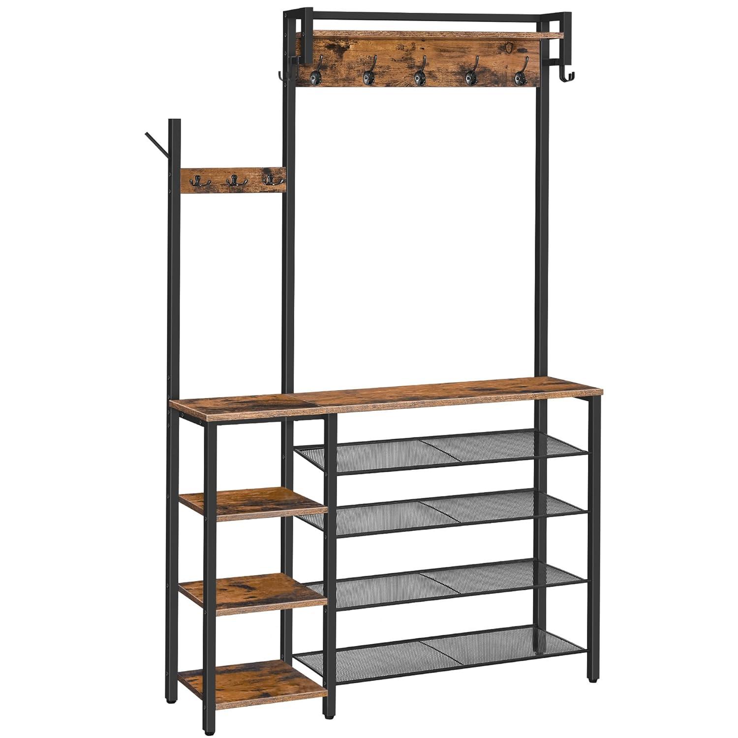 HOOBRO Rustic Brown Hall Tree with Bench, Coat Rack and Shoe Storage, Reversible Shelves - BF105MT01