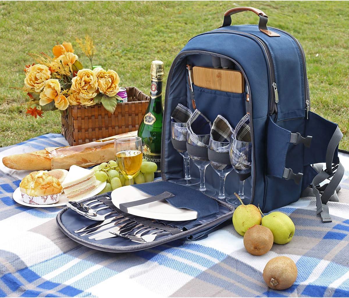 Navy Blue Cationic Fabric Picnic Backpack with Blanket and Insulated Cooler