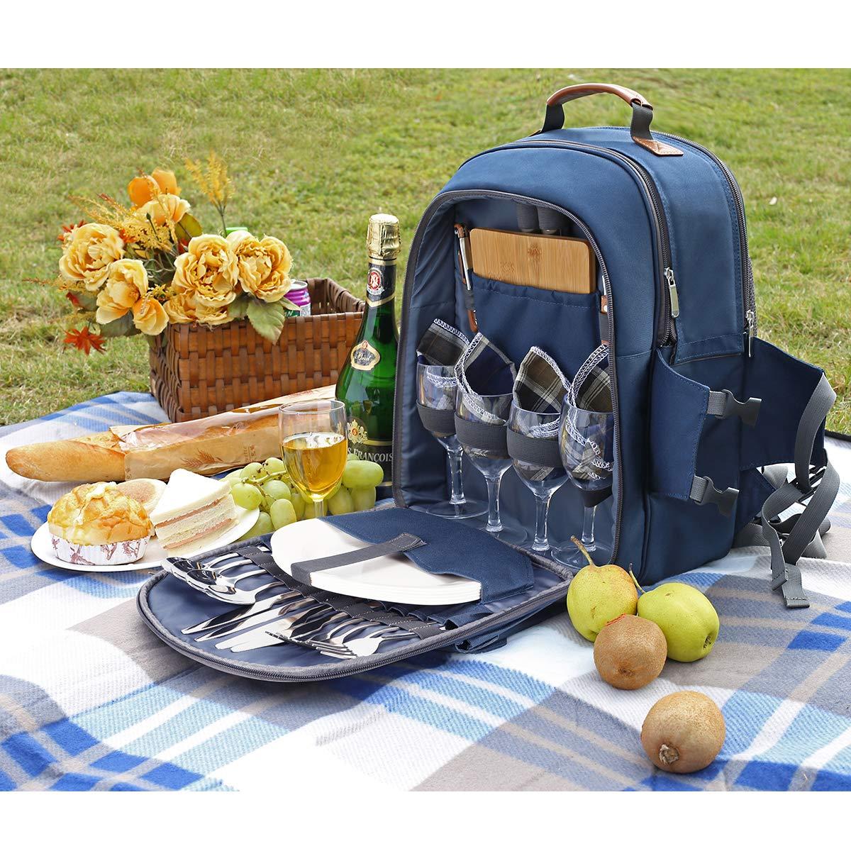 Navy Blue Cationic Fabric Picnic Backpack with Blanket and Insulated Cooler