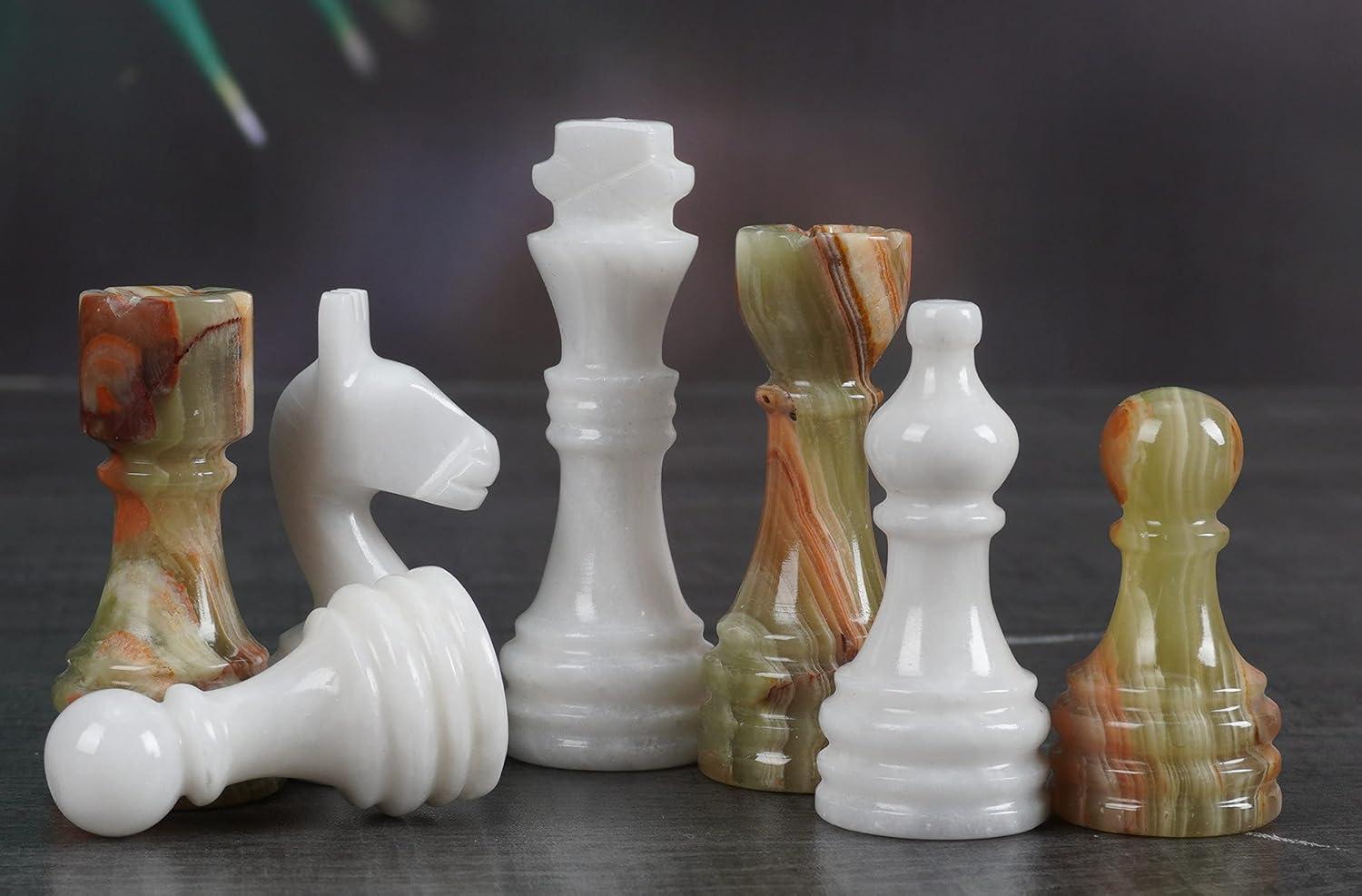 Handmade White and Green Marble Chess Figures Set