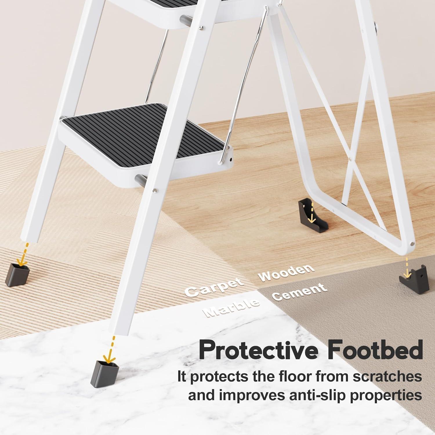 White 2-Step Foldable Steel Ladder with Anti-Slip Pedals