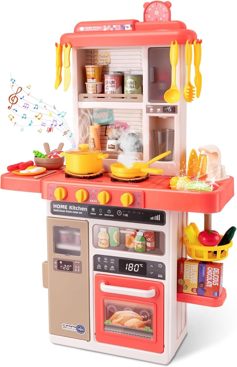 Koppop Kids Kitchen Playset 50pcs - with Sound, Light & Steam Effects, Pretend Play Toys Includes Food, Sink & Stove, Ideal for Boys & Girls Ages 3-6 (Red).