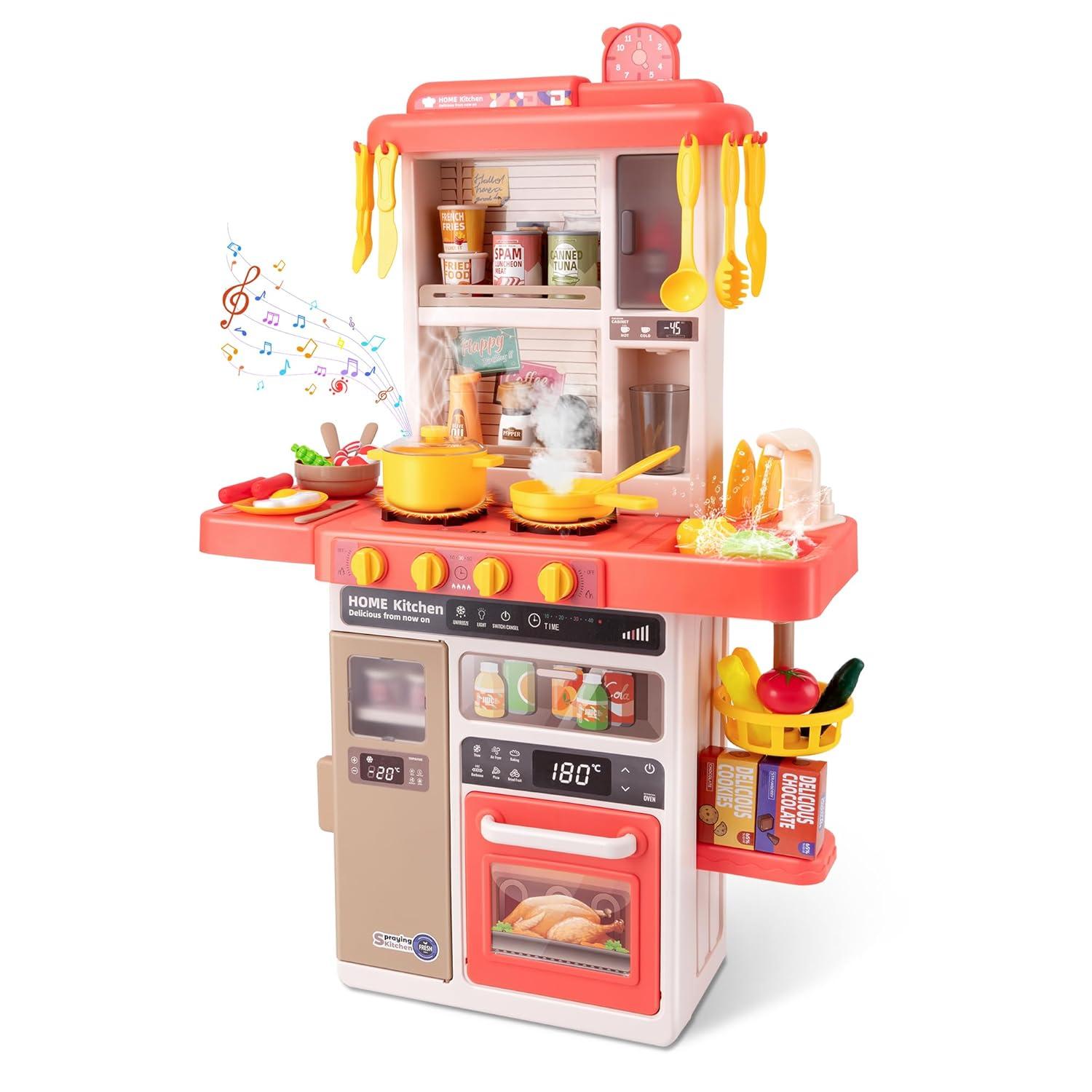 Koppop Kids Kitchen Playset 50pcs - with Sound, Light & Steam Effects, Pretend Play Toys Includes Food, Sink & Stove, Ideal for Boys & Girls Ages 3-6 (Red).