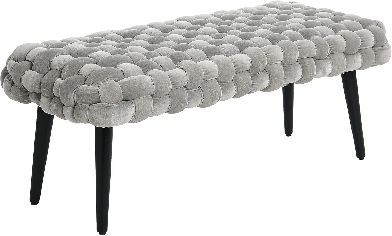 Creative Co-Op Boho Chunky Woven Velvet Entryway Bench with Wood Legs, Grey and Black