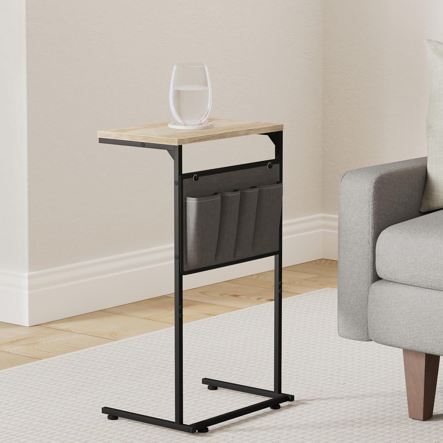 Deep Gray Metal C-Shaped End Table with Storage Bag