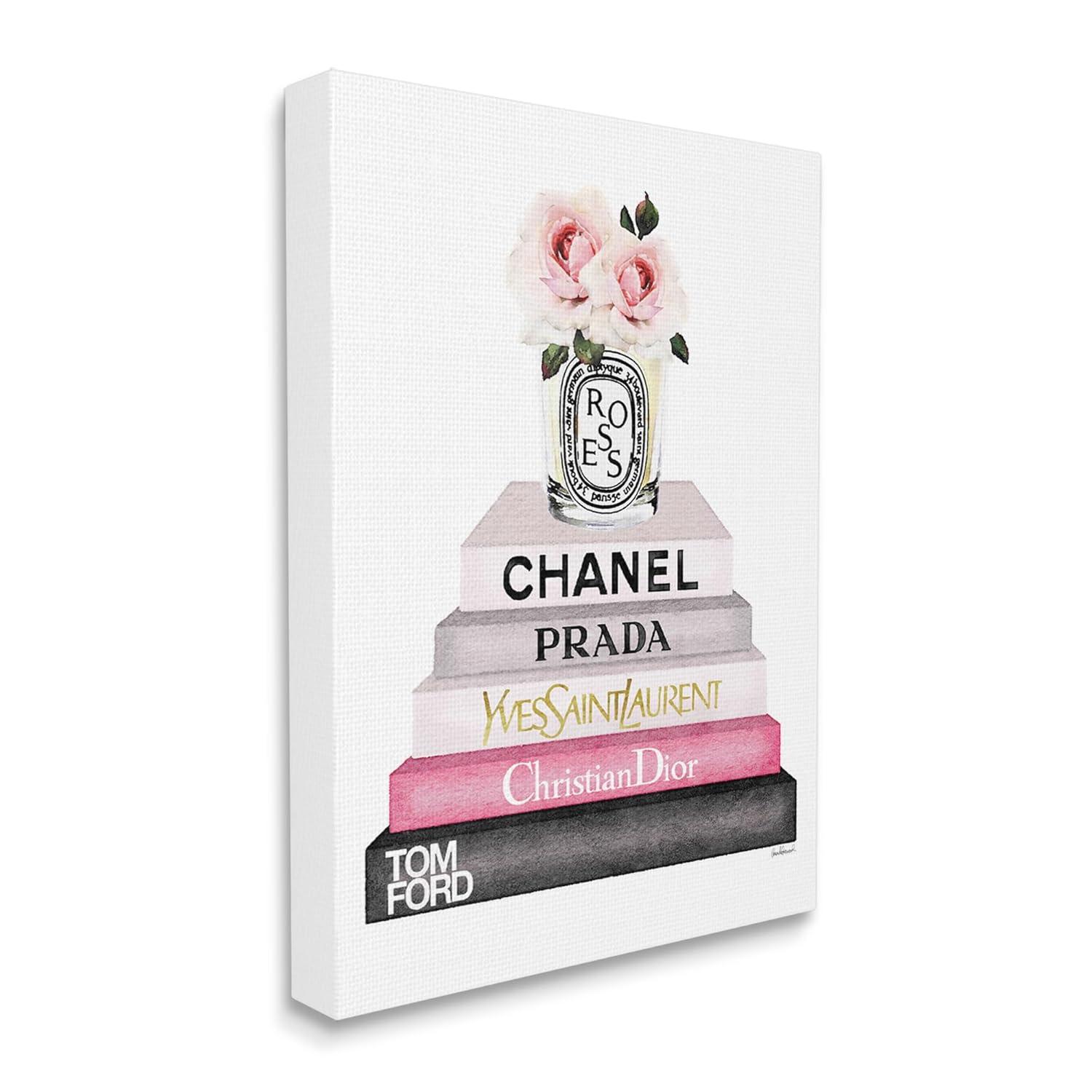 Stupell Book Stack Fashion Candle Pink Rose Canvas Art, 24 x 1.5 x 30