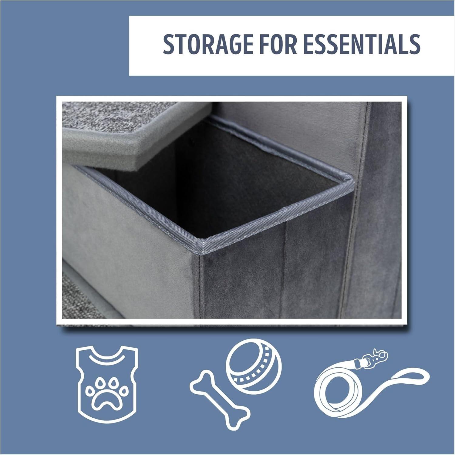 Gray Velour 3-Step Pet Stairs with Storage Compartments