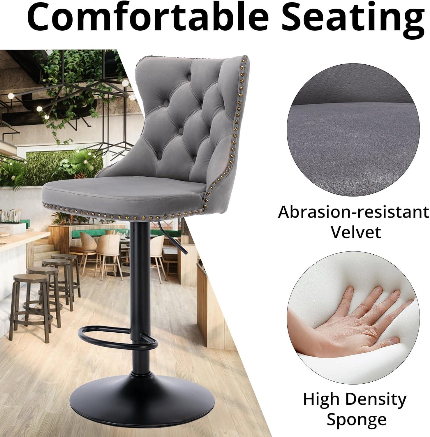 VYNXARIA Swivel Velvet Barstools Adjusatble Seat Height from 25-33 Inch,17.7 inch base, Modern Upholstered Bar Stools,Gray,Set of 2