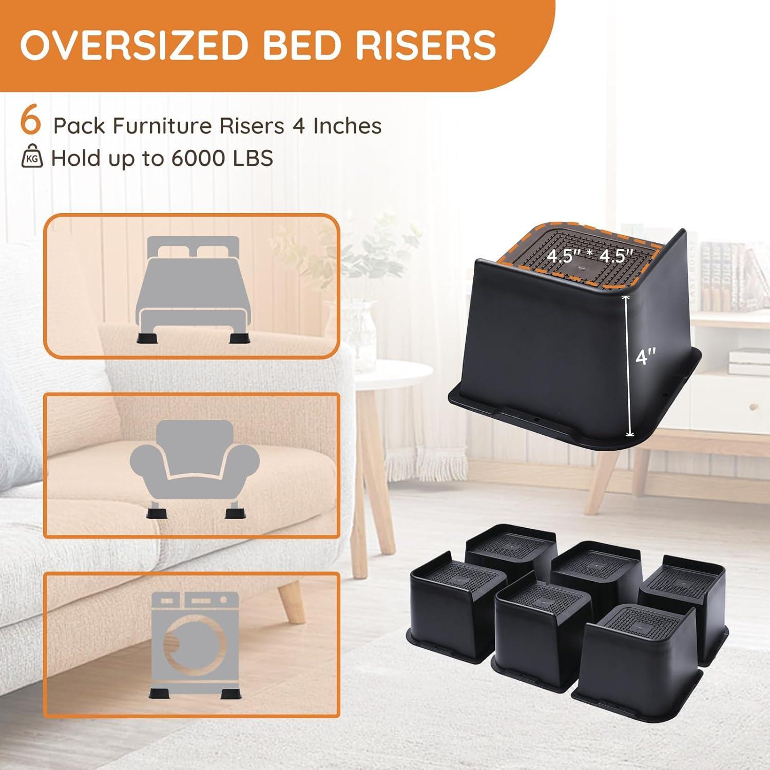 MQ Bed Risers 4 Inch 4 Pack Black Support 7000LBs, Oversized Furniture Risers for Dorm Beds Frame, Sofa, Desk, Couch, Chairs Legs