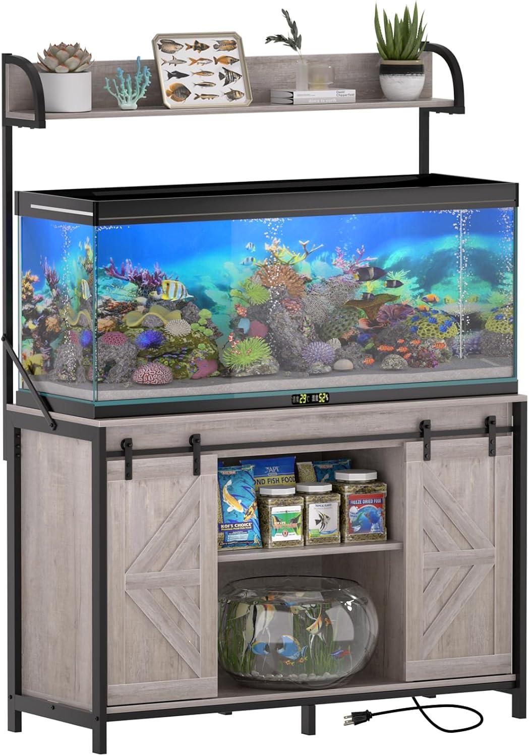 iSunirm 55-75 Gallon Aquarium Stand with Shelf, Fish Tank Stand with Power Outlets and LED Lights, Heavy Duty Reversible Aquarium Stand with Cabinet, for Fishes and Reptiles, 49.2"L*18.9"W, Black Oak