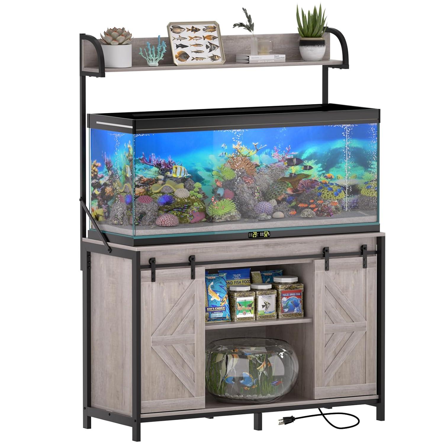 iSunirm 55-75 Gallon Aquarium Stand with Shelf, Fish Tank Stand with Power Outlets and LED Lights, Heavy Duty Reversible Aquarium Stand with Cabinet, for Fishes and Reptiles, 49.2"L*18.9"W, Black Oak
