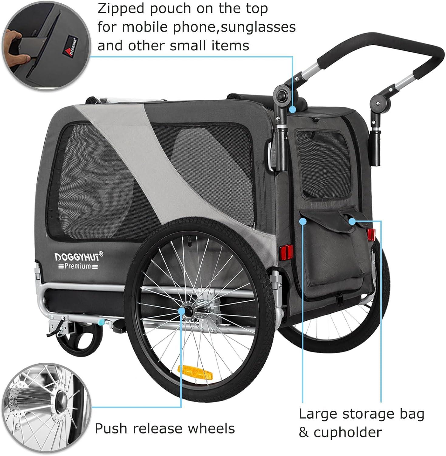 DOGGYHUT Premium XL Pet Bike Trailer & Stroller for Large Sized Dog or Multiple Small Dogs,Low Center of Gravity,Parking Brakes,Easy Folding Frame,Bicycle Carrier