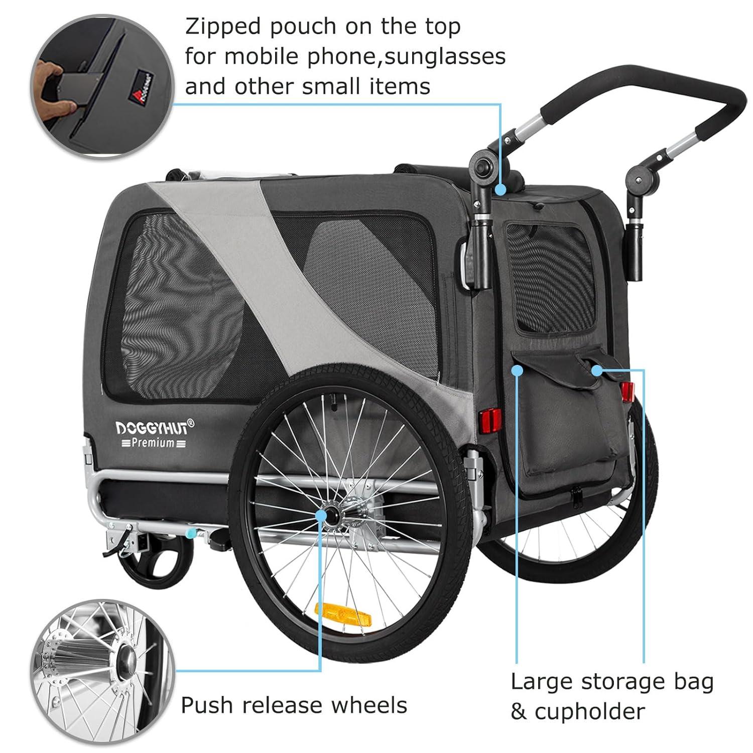 DOGGYHUT Premium XL Pet Bike Trailer & Stroller for Large Sized Dog or Multiple Small Dogs,Low Center of Gravity,Parking Brakes,Easy Folding Frame,Bicycle Carrier