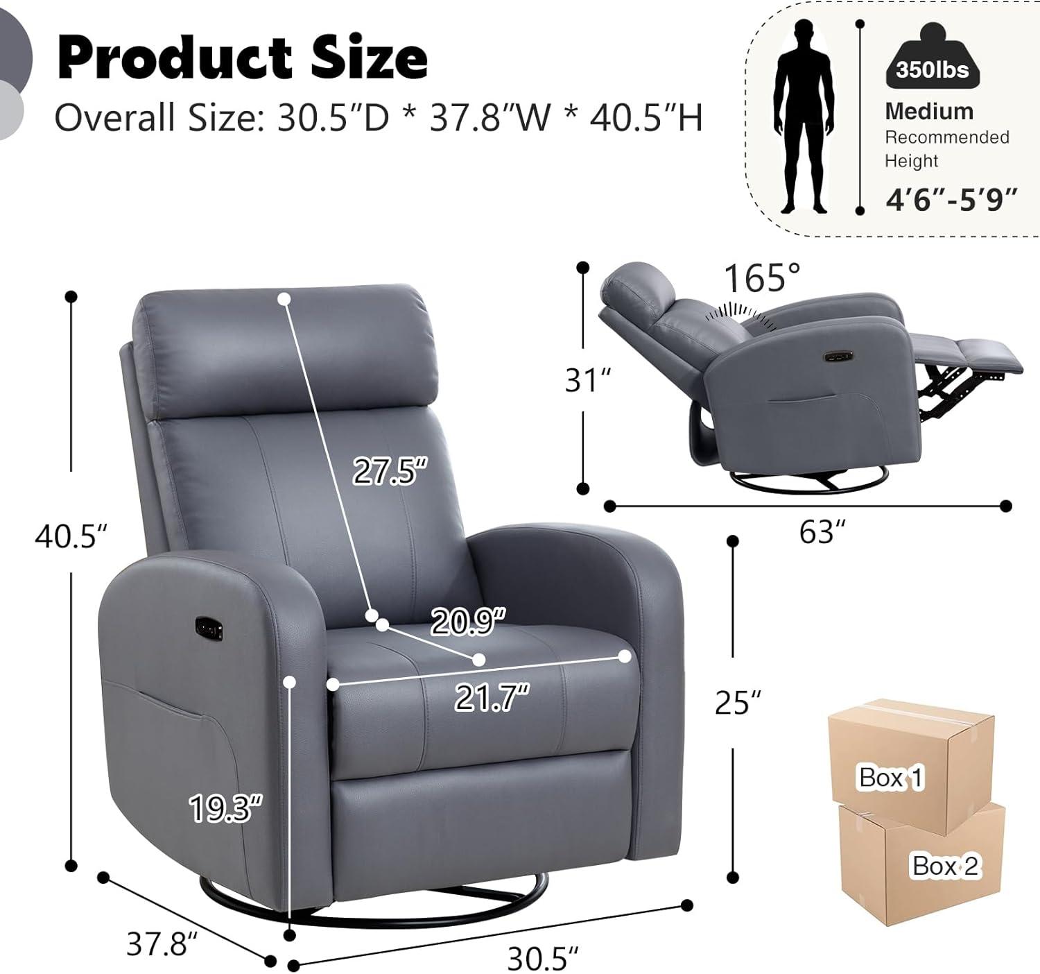 Aemeios Swivel Faux Leather Rocker Glider Power Rocking Recliner with USB and Type-C Ports, Gray