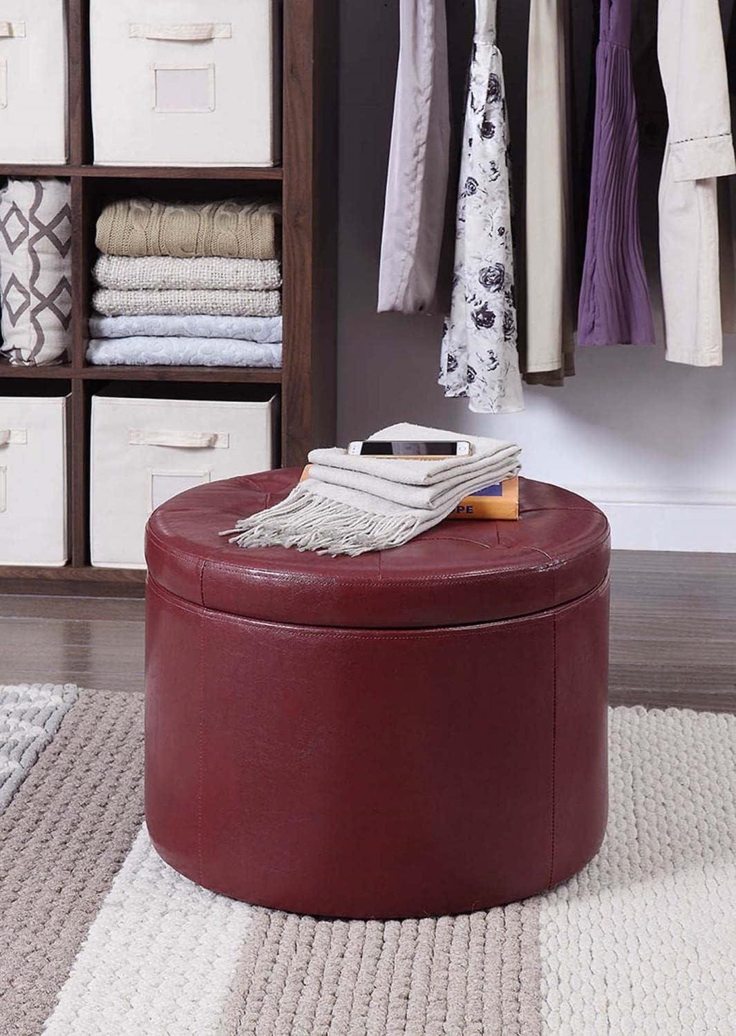 Burgundy Tufted Round Shoe Ottoman with 12 Compartments