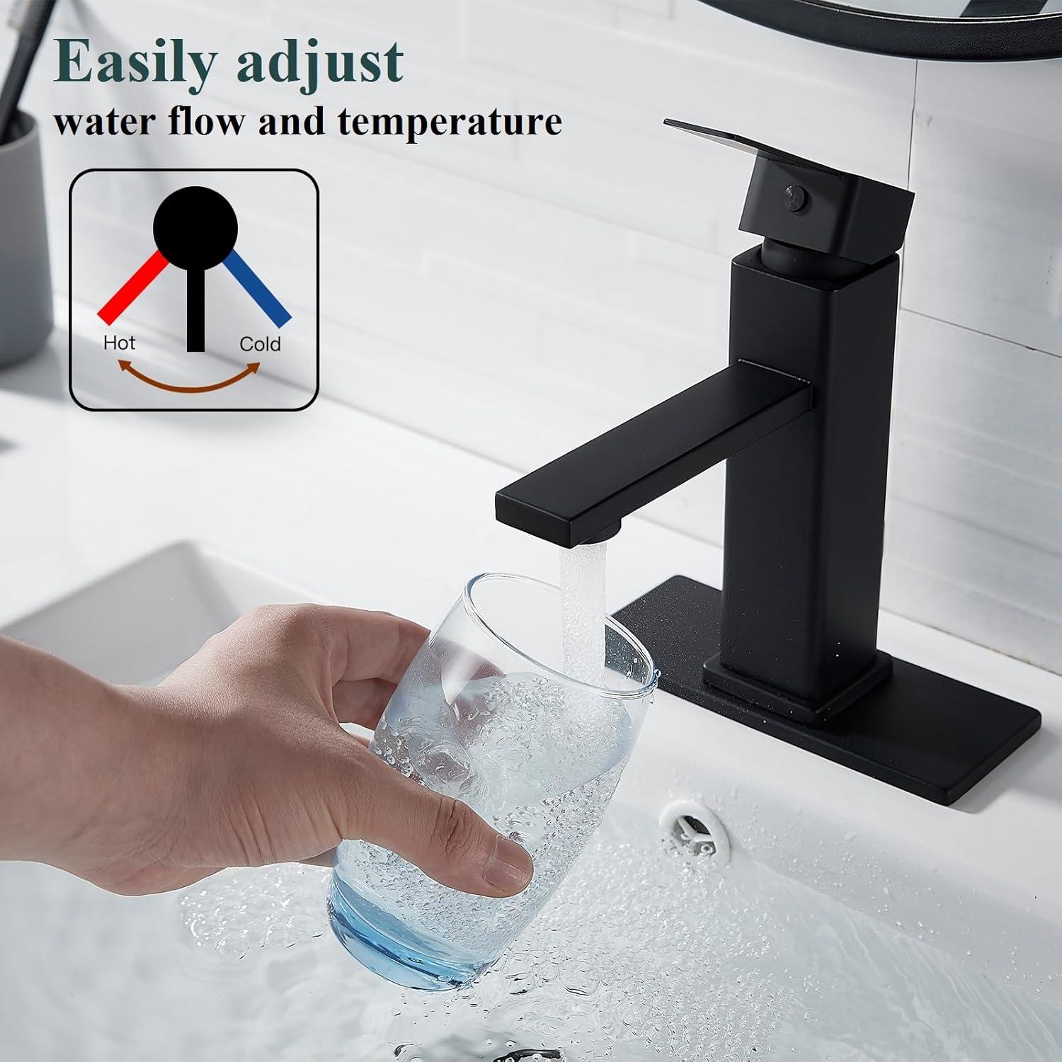 Black Bathroom Faucet with Sink Pop up Drain,Stainless Steel Bathroom Faucets for Sink 1 or 3 Holes, Matte Black Vanity RV Lavatory Faucet with Single Handle, Deck Plate, Water Supply Hoses