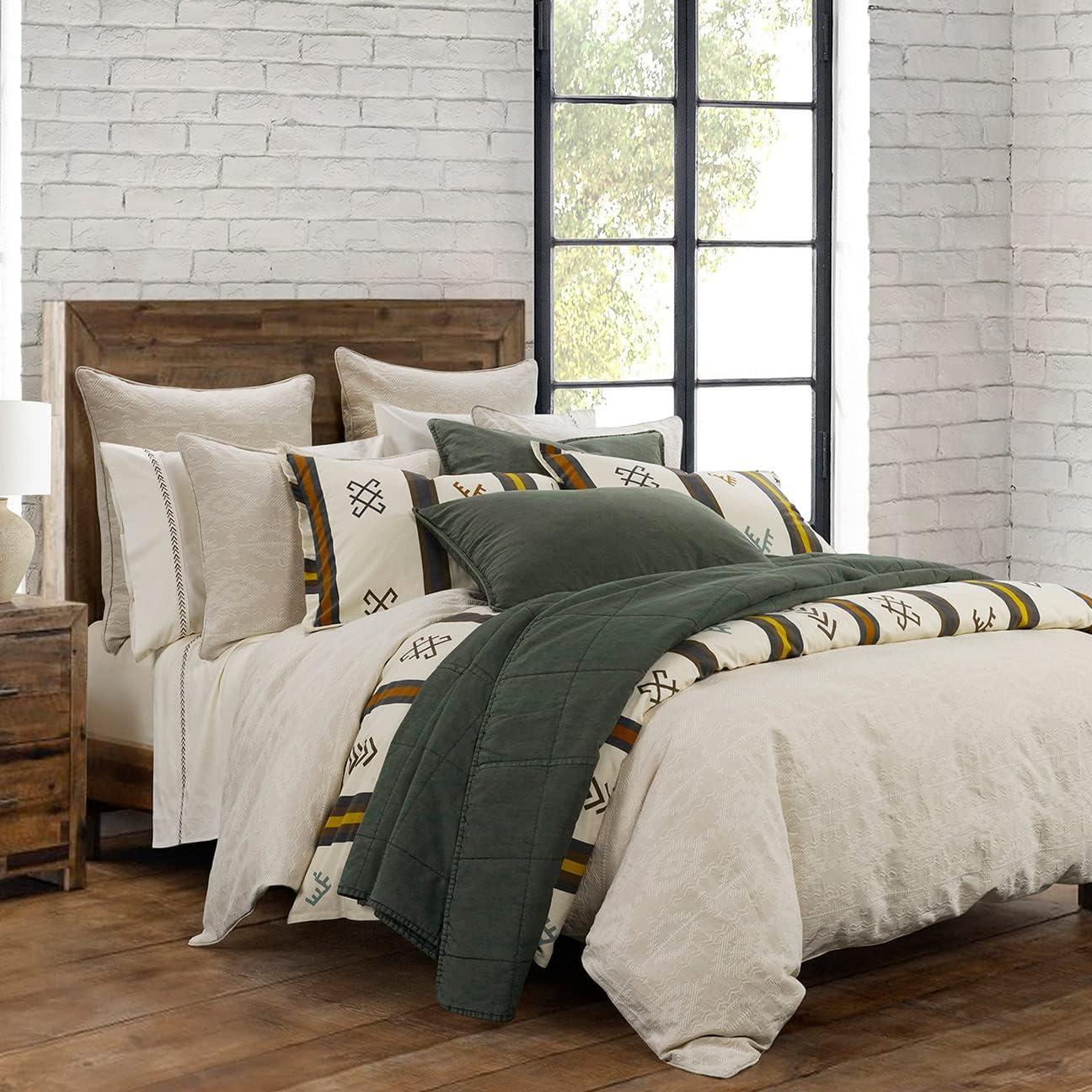 HiEnd Accents Toluca Canvas Western Bedding 3 Piece Full Comforter Set, Cattle Brand Symbols Print, Striped Cotton Rustic Cabin Lodge Bed Set, 1 Comforter, 2 Pillow Shams