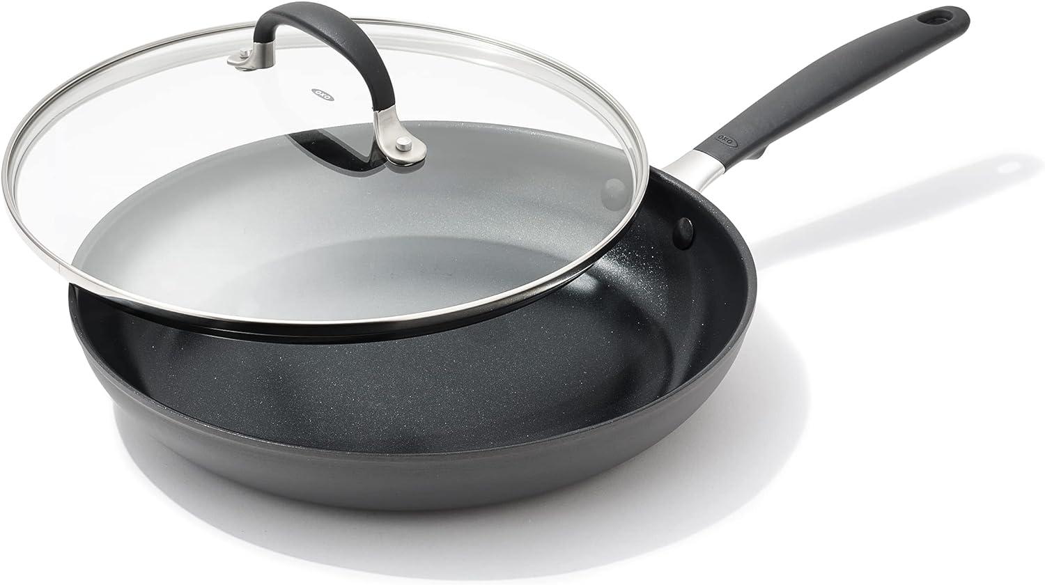 OXO Good Grips 11" Frying Pan Skillet with Lid, 3-Layered German Engineered Nonstick Coating, Stainless Steel Handle with Nonslip Silicone, Black