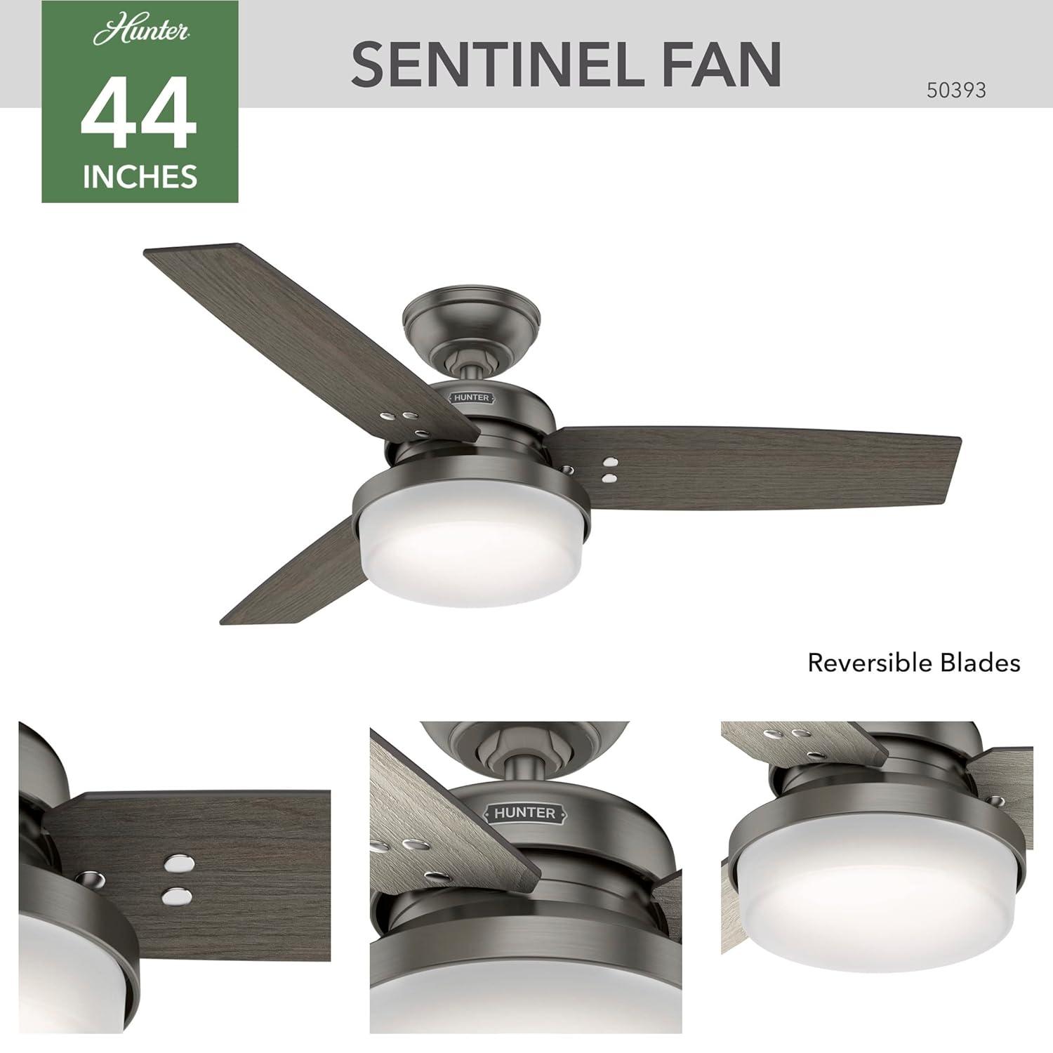 Hunter Fan 44" Sentinel 3 - Blade Standard Ceiling Fan with Remote Control and Light Kit Included