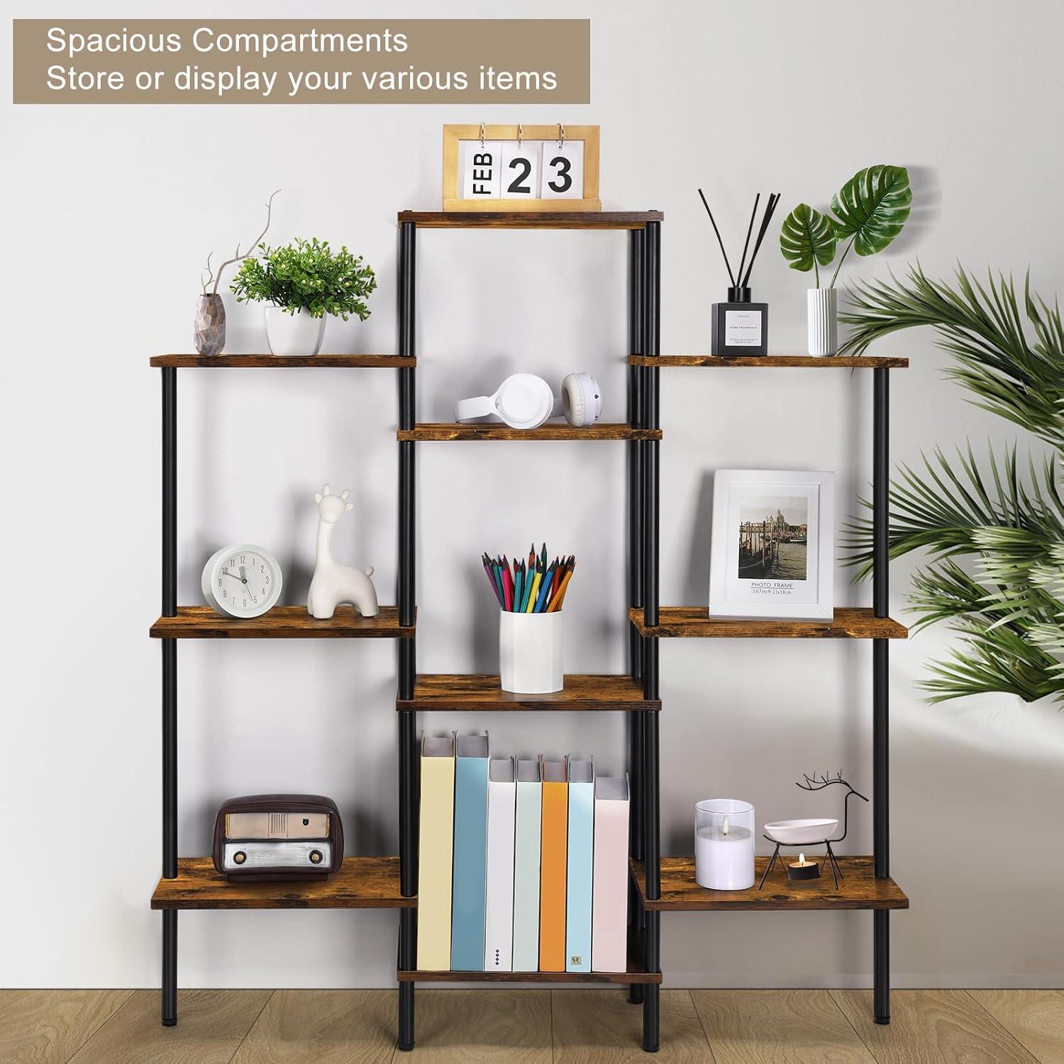 4-Tier Bookshelf,Small Triple Wide Bookcase for Books,CDs,Movies,Display Shelf with 10 Open Shelves for Living Room,Home Office,Balcony,Rustic Brown