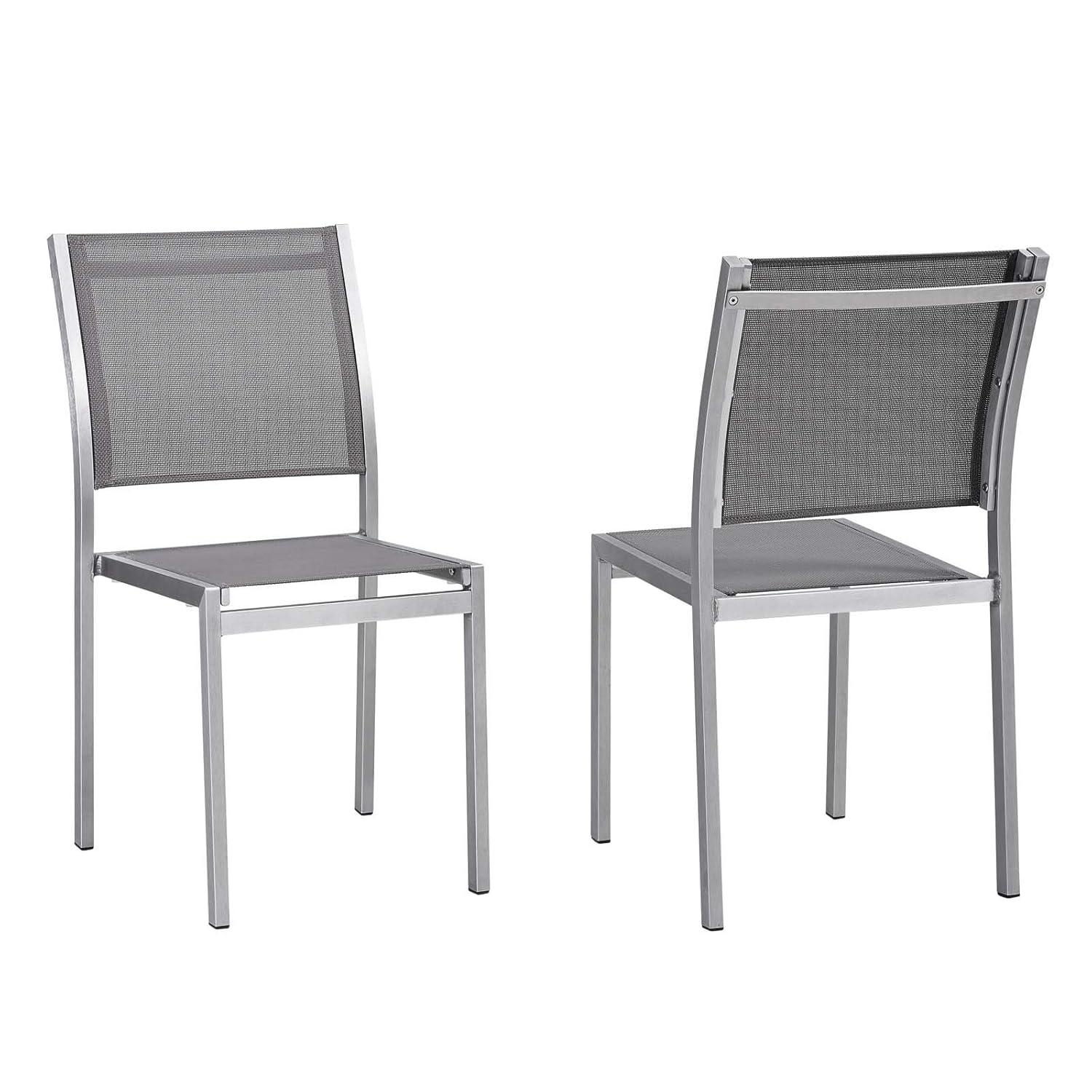 Modway Shore Side Chair Outdoor Patio Aluminum Set of 2 Silver Gray – Lightweight Stackable Dining Chairs with Weather-Resistant Build