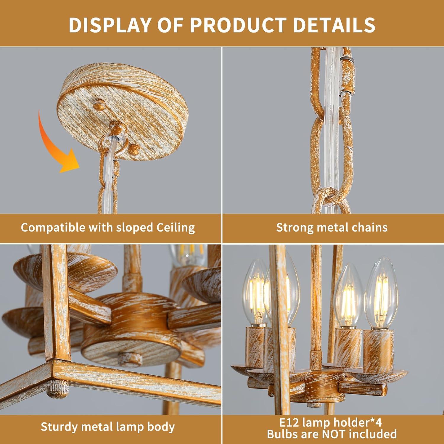 Rustic Lantern Chandeliers 4-Light Ceiling Cage Hanging Lights Gold Pendant Light Fixtures for Kitchen Island Dining Room Farmhouse Entryway Foyer