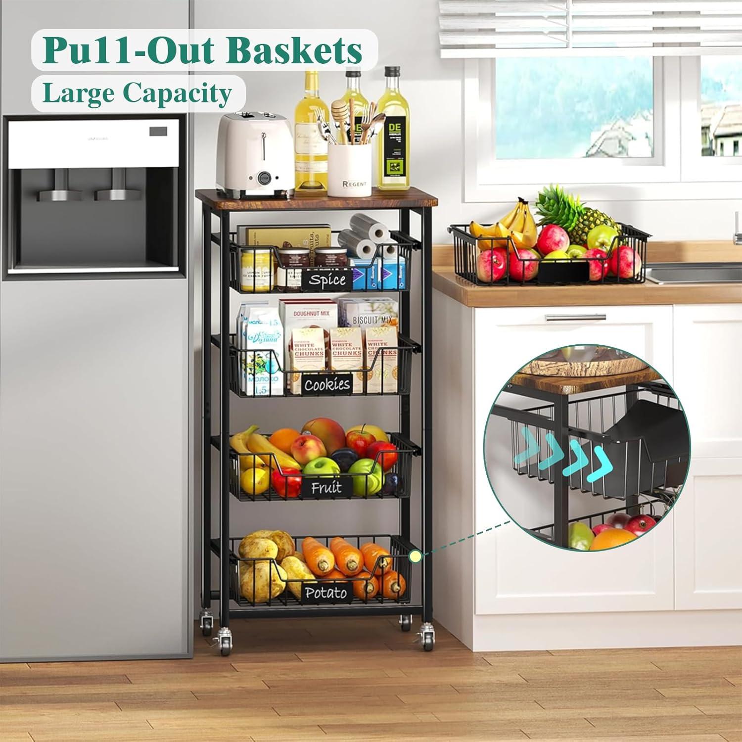 5-Tier Vegetable Fruit Basket Kitchen Storage Rolling Cart on Wheels with Pull-Out Baskets and Wood Top for Kitchen Diningroom Pantry