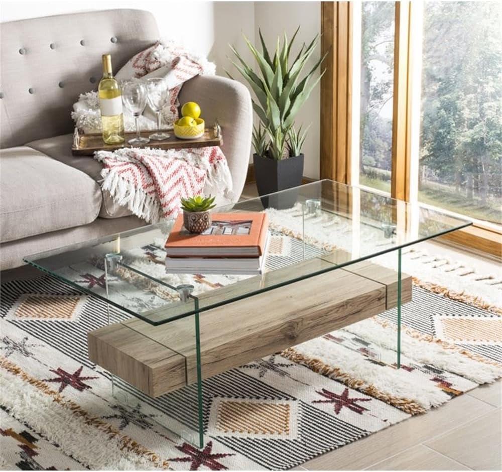 Kayley Coffee Table - Glass/Natural Wood Rack - Safavieh