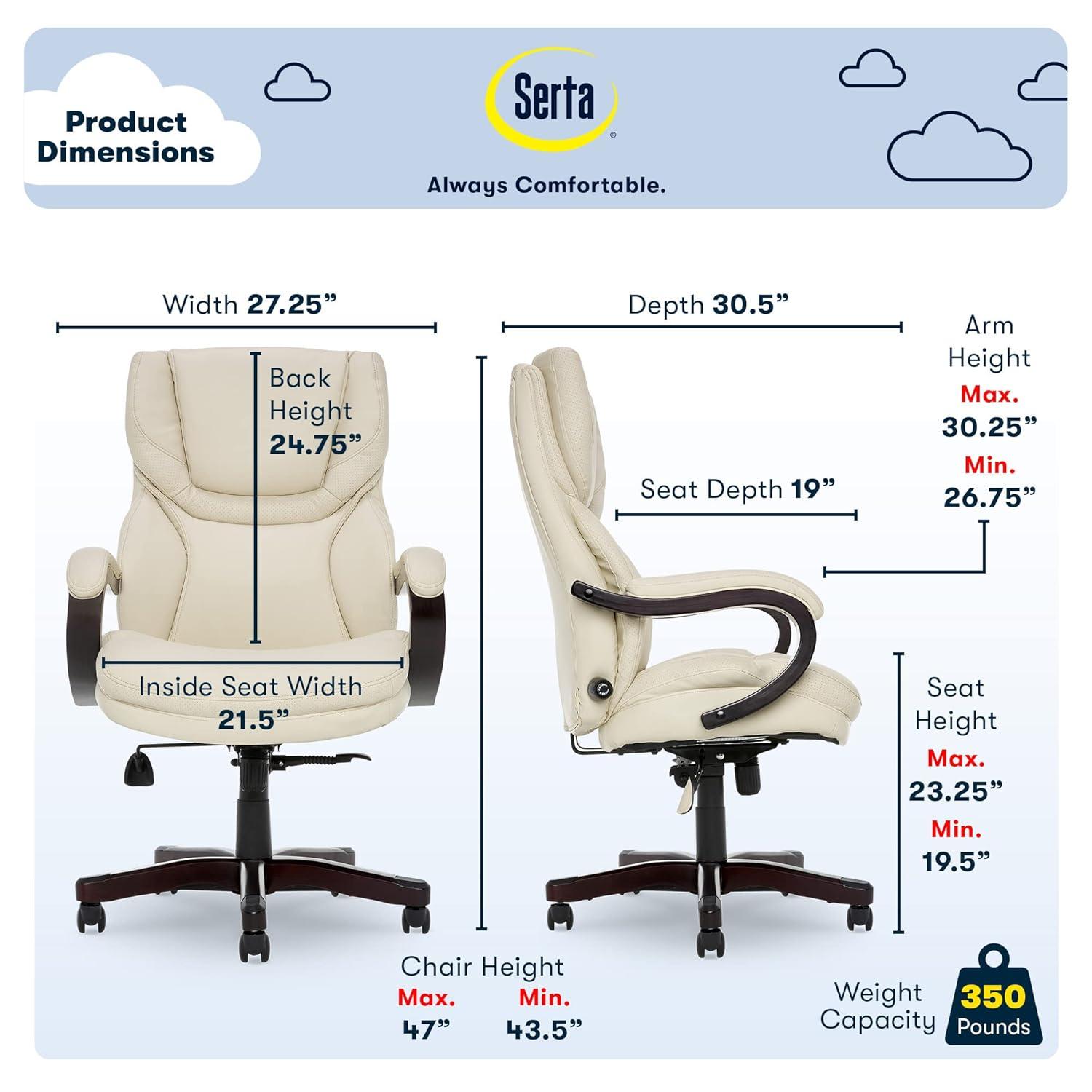 Big and Tall Executive Office Chair - Serta: Lumbar Support, Leather, Wood Finish