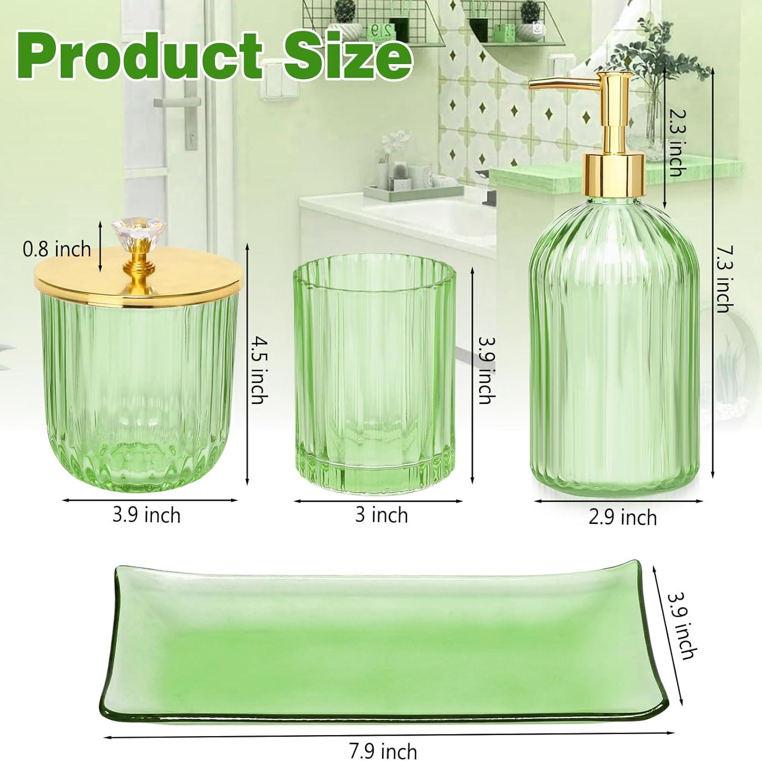 Green Glass Bathroom Accessories Set with Gold Accents, 4 Pieces