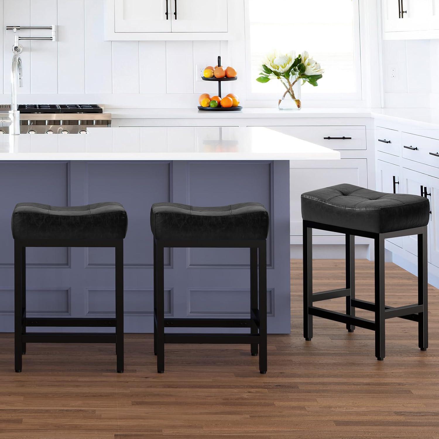 edx Bar Stools Set of 4, Modern Counter Height, 24 Inch Kitchen Barstools with Metal Base, PU Leather Saddle Seats for Kitchen Island, Black