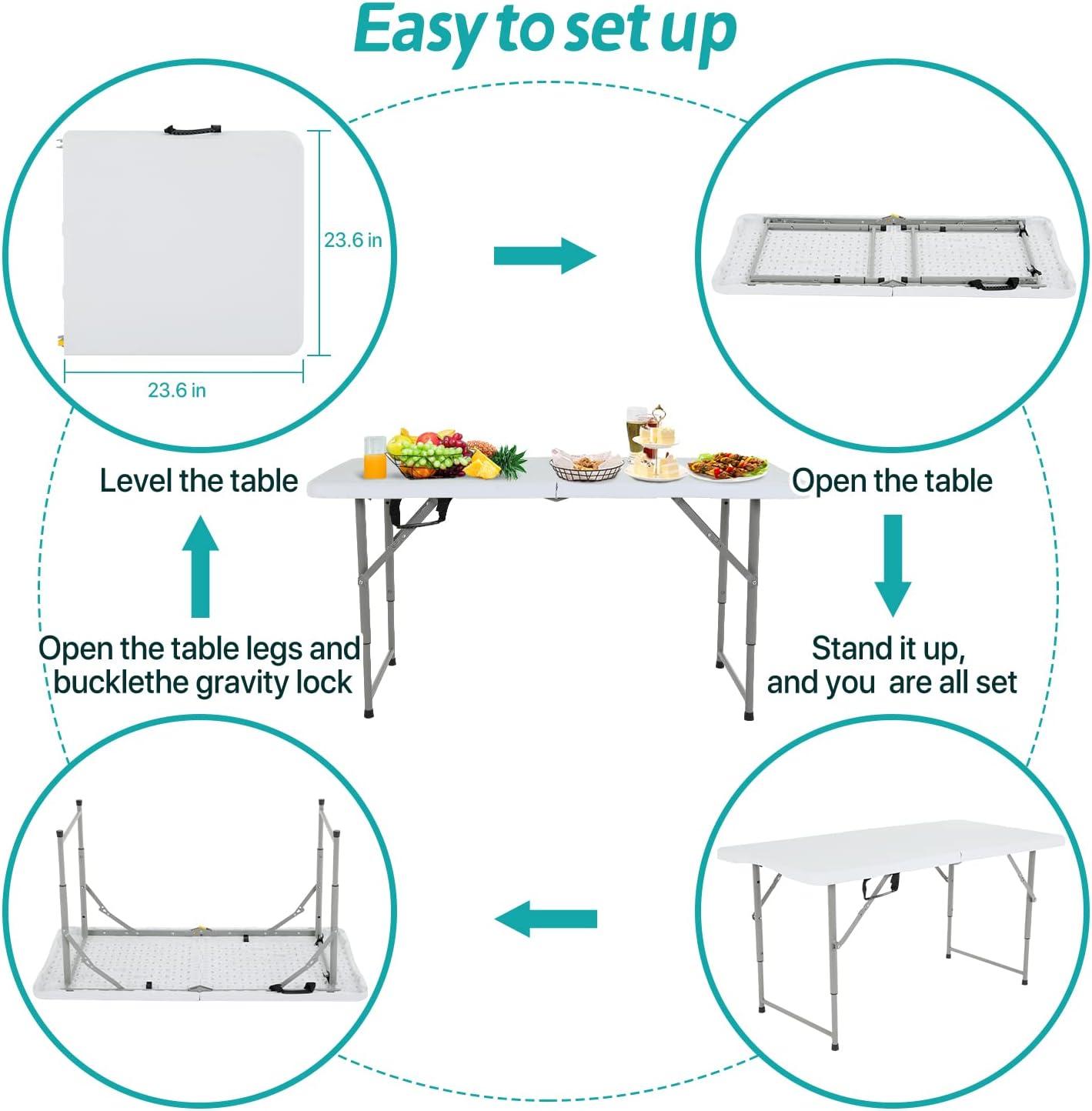 CL.HPAHKL 4 ft Folding Table with 3 Adjustable Height, Small Plastic Foldable Table with Carrying Handle, Portable Camping Table Fold in Half for Indoor Outdoor Camping, Picnic and Party, White