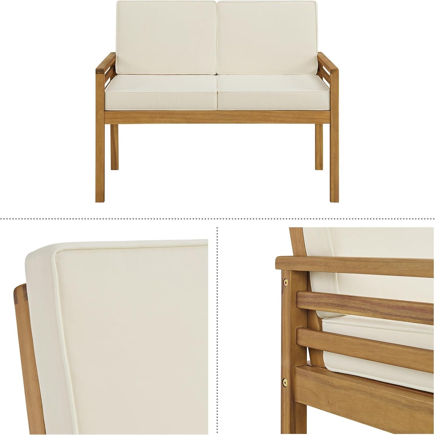 Natural Wood Two-Seater Outdoor Bench with Cream Cushions