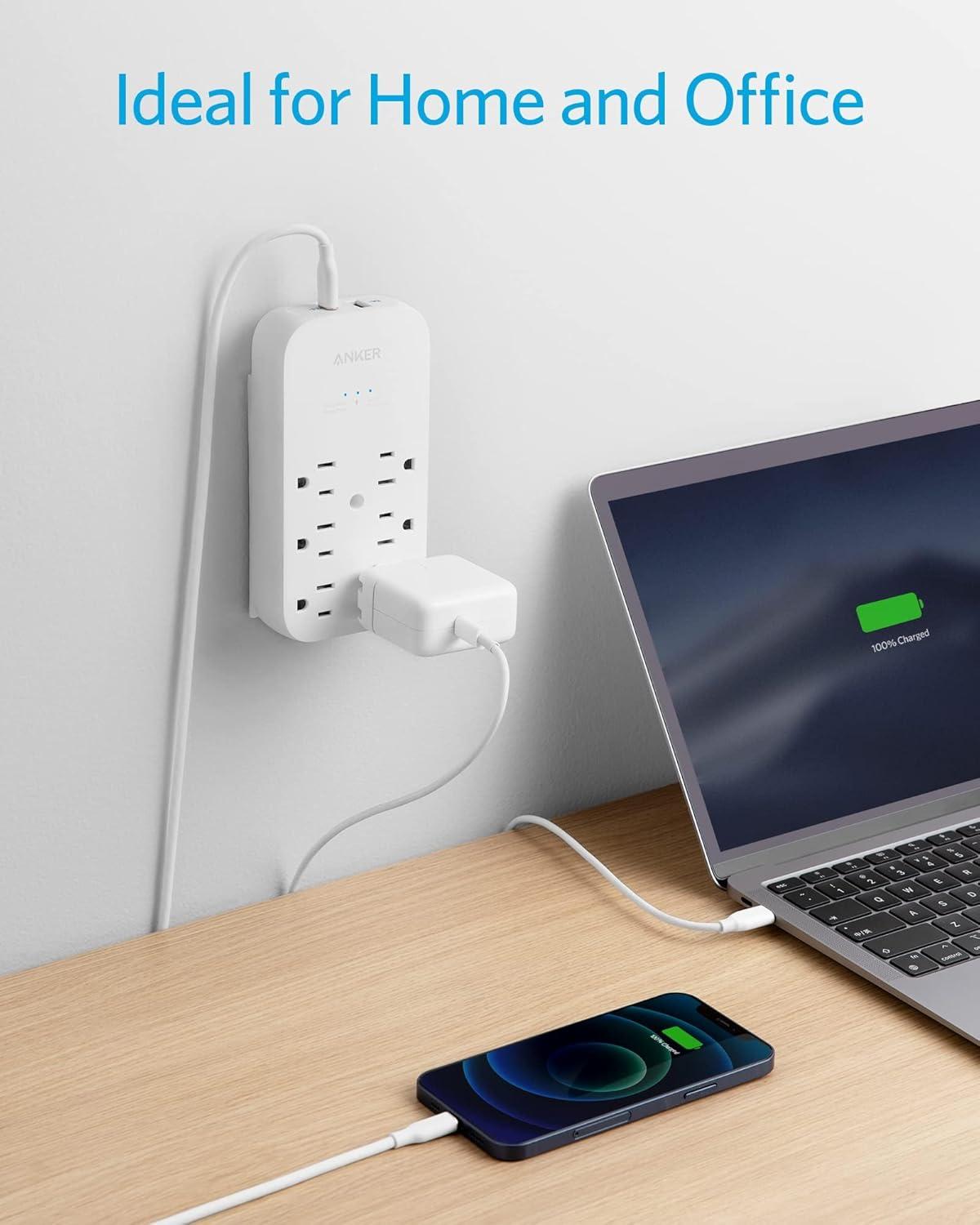 Anker Outlet Extender and USB Wall Charger, 6 Outlets and 2 USB Ports, 20W USB C Power Delivery High-Speed Charging iPhone 15/15 Plus/15 Pro/15 Pro Max, Multi-Plug for Dorm, Home, and Office, White