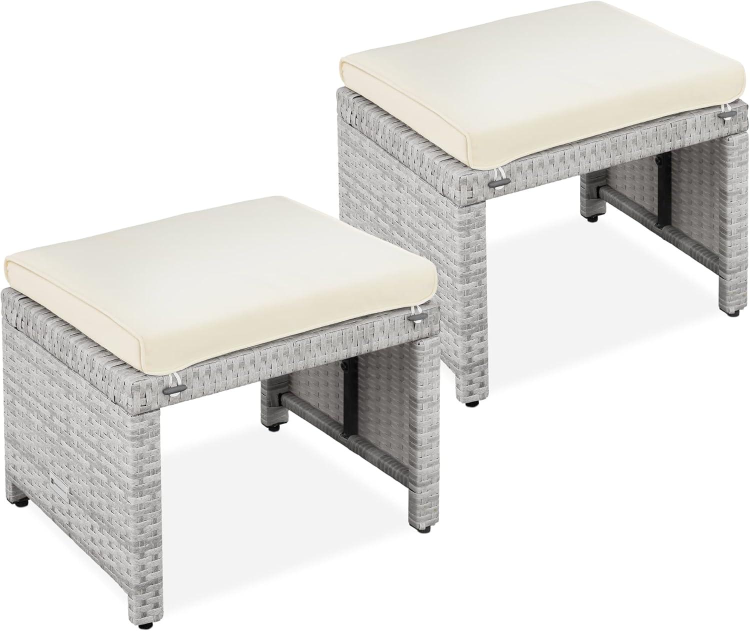 Best Choice Products Set of 2 Multipurpose Patio Wicker Ottomans w/ Removable Cushions - Gray/Cream