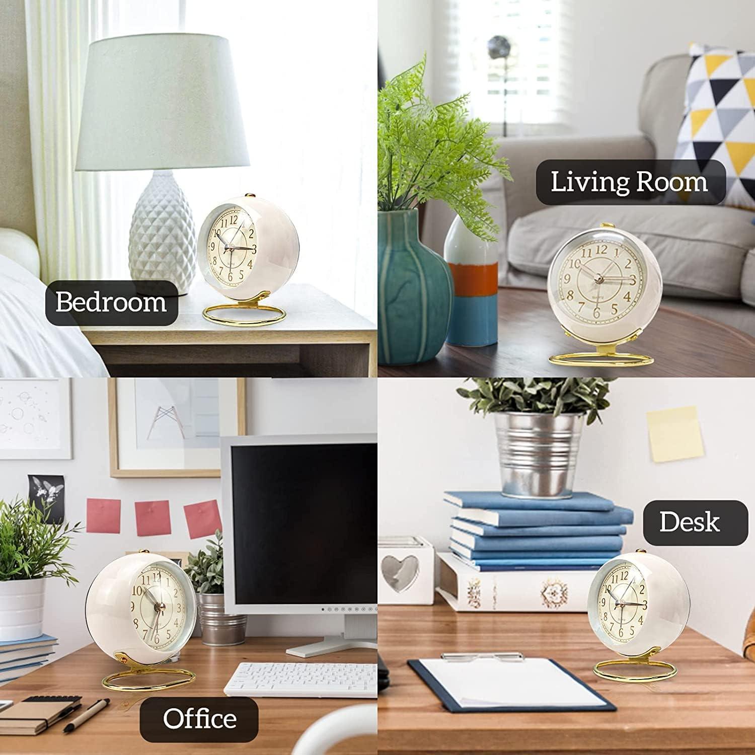 MINKUROW Small Alarm Clocks,Classic Retro Analog Cute Simple Design Small Desk Clock with No-Ticking Battery Operated Silent Backlight for Kids/Bedroom/Bedside Desktop/Kitchen/Travel White